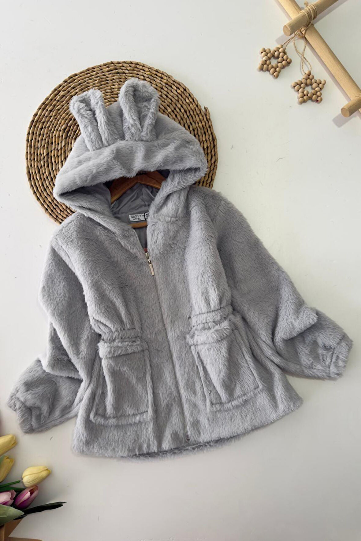 Miniğimin Cicileri Kulaklı Kapüşonlu Kız Çocuk Peluş Mont - Gri