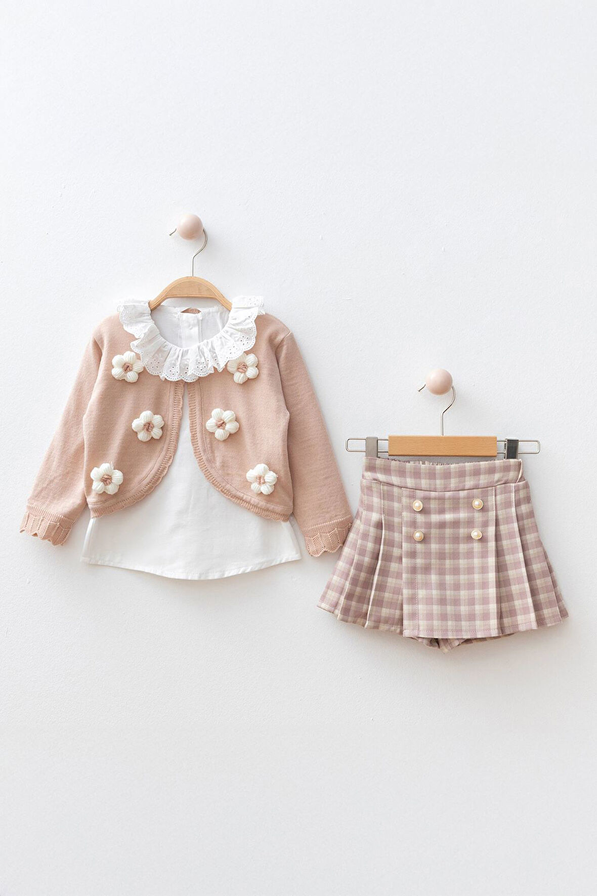 Miniğimin Cicileri Papatya Detaylı ve Ekose Şortetekli Kız Çocuk 3 lü Takım - Pembe