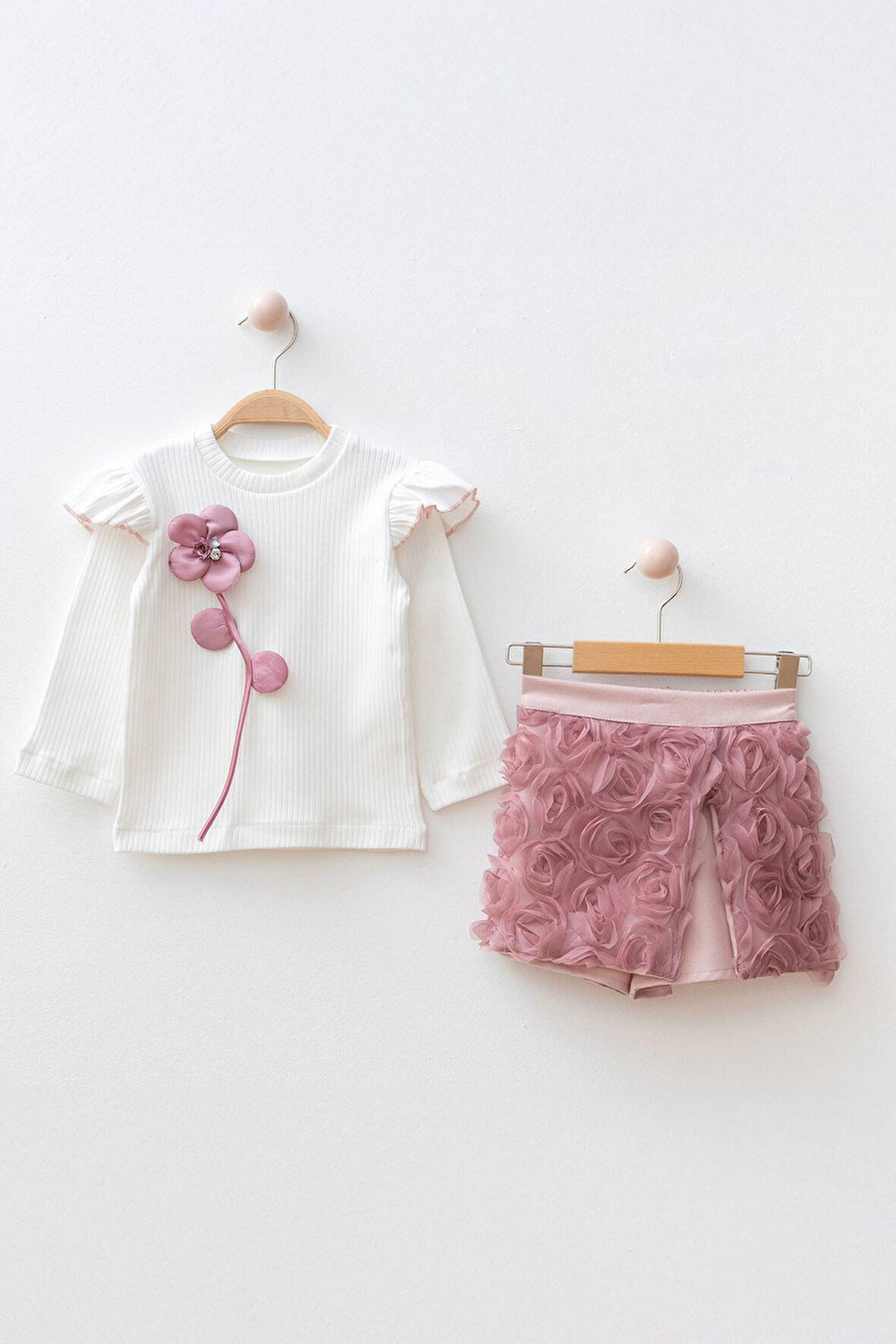 Miniğimin Cicileri 3D Gül Detaylı Kız Çocuk Şortetekli 2 li Takım - Gül Kurusu