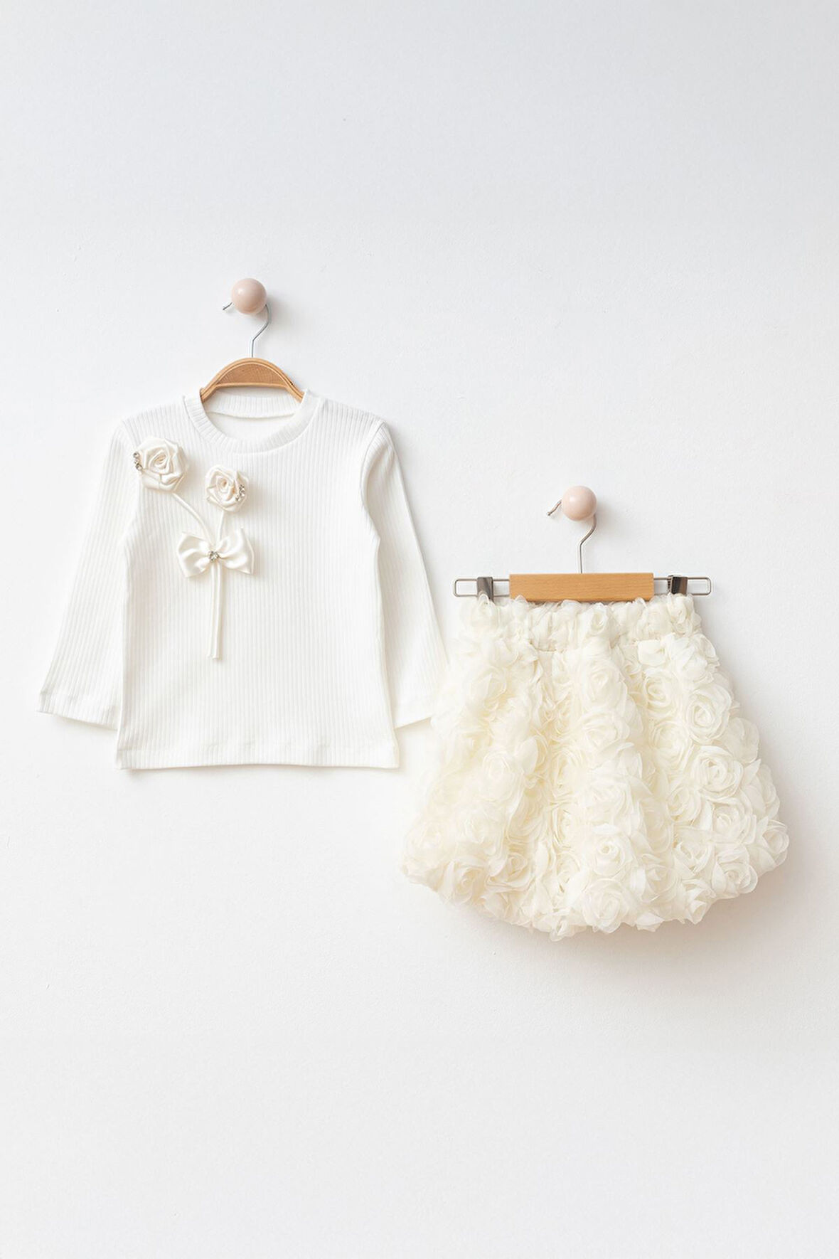 Miniğimin Cicileri 3D Çift Gül Detaylı Kız Çocuk Etekli Takım - Krem