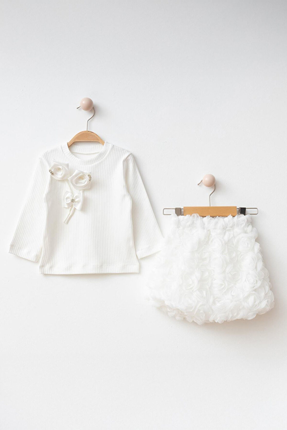 Miniğimin Cicileri 3D Çift Gül Detaylı Kız Çocuk Etekli Takım - Beyaz