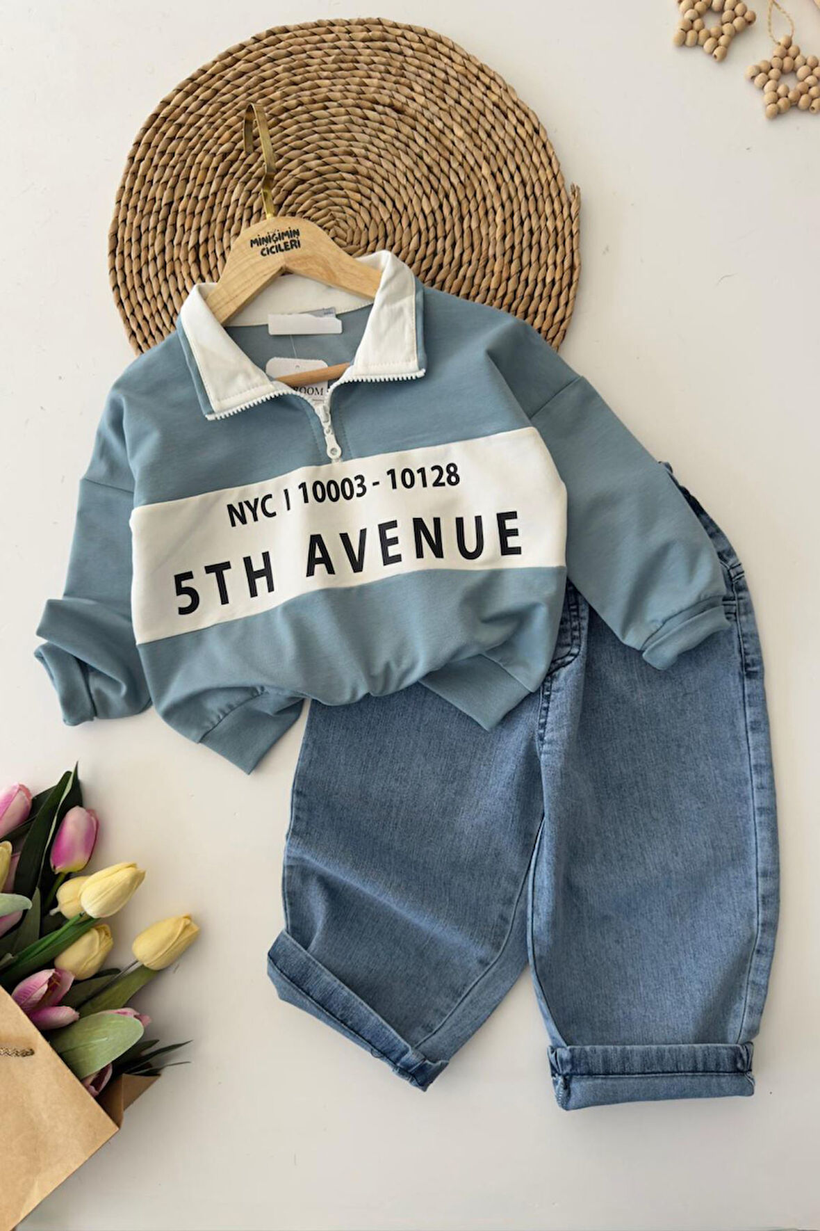 Miniğimin Cicileri 5th Avenue Baskılı Fermuarlı Sweatshirt ve Kot Pantolon 2’li Erkek Çocuk Takım -