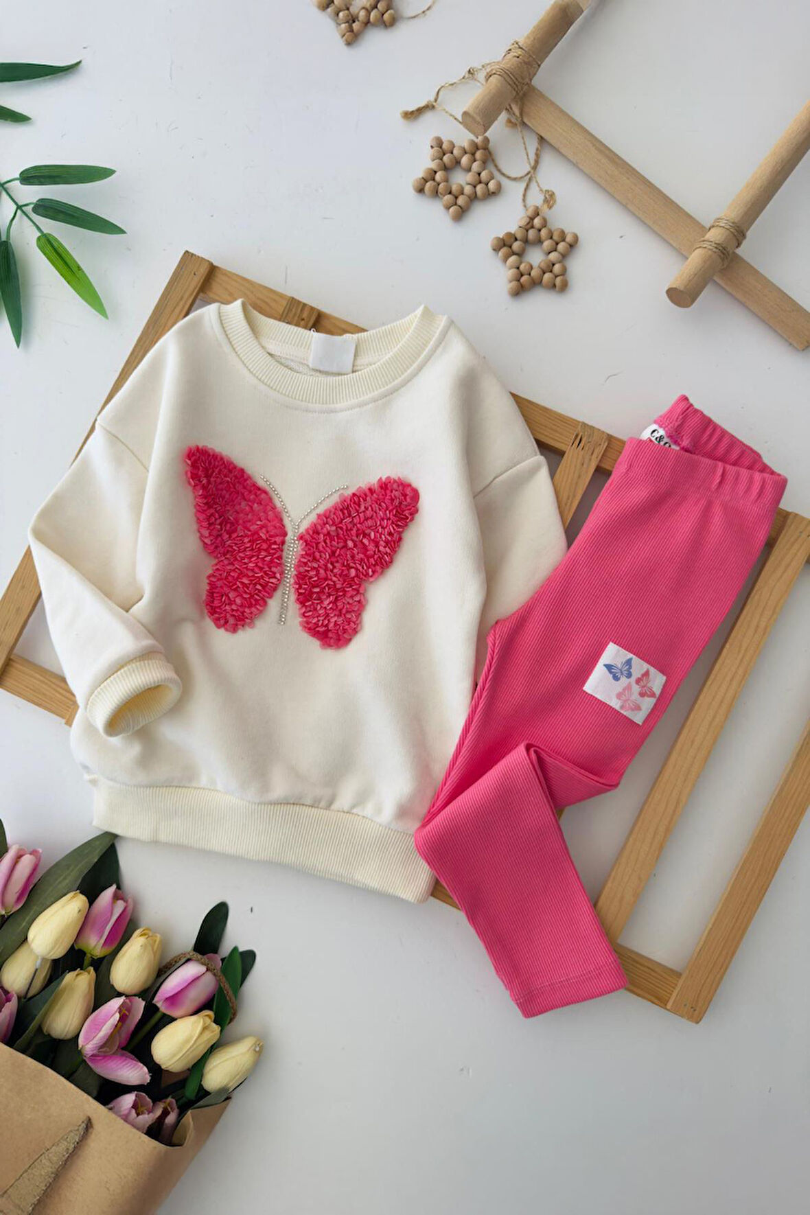 Miniğimin Cicileri Kelebek Tül Detaylı Renkli Taytlı Kız Çocuk Takım - Pembe