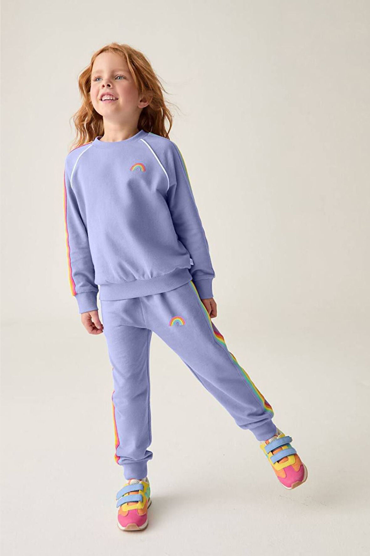 Miniğimin Cicileri Gökkuşağı İşleme Detaylı Şeritli Kız Çocuk Takım - Lila