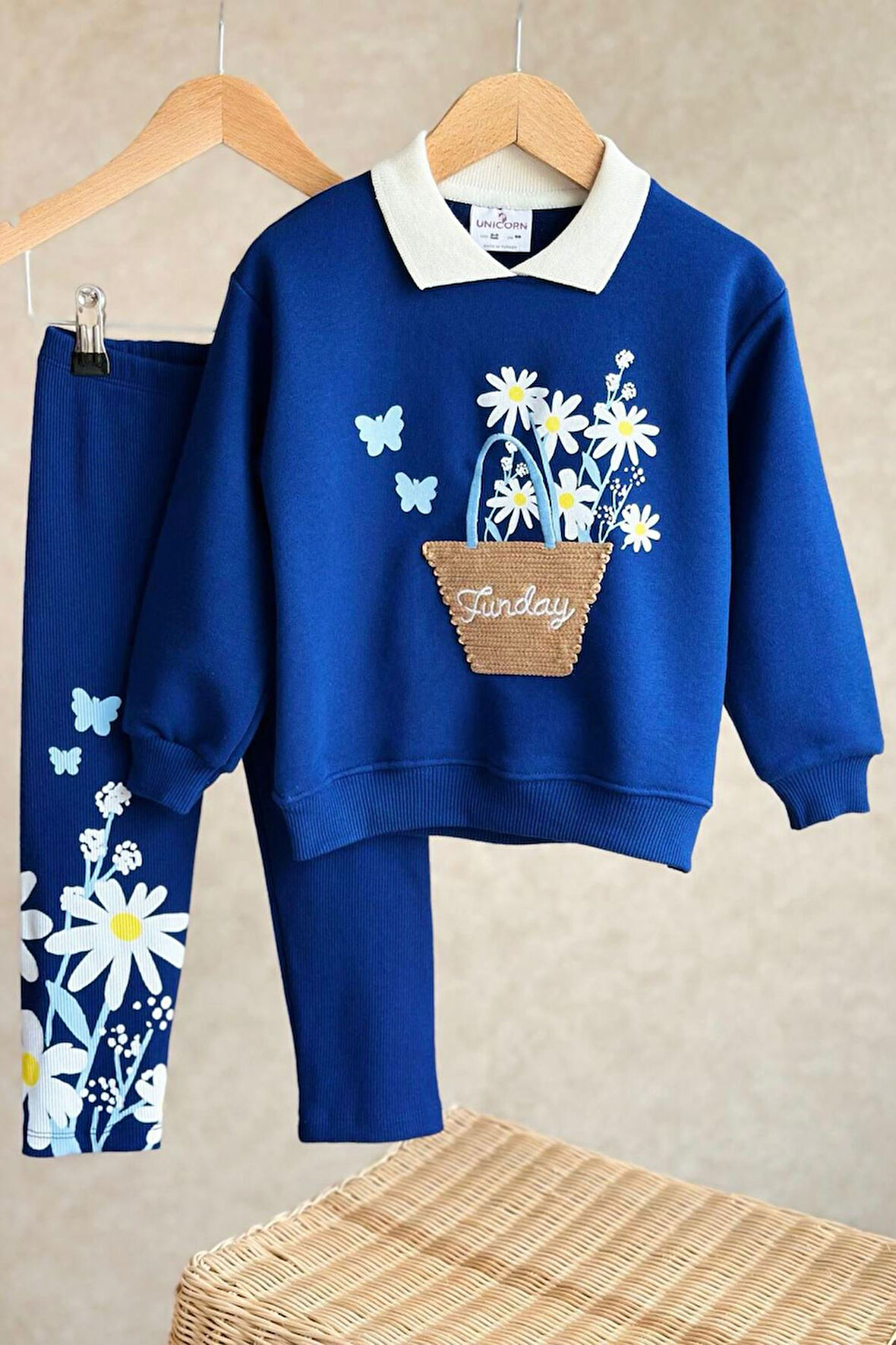 Miniğimin Cicileri Funday Papatya  Hasır Nakışlı Taytlı Kız Çocuk Takım - Lacivert