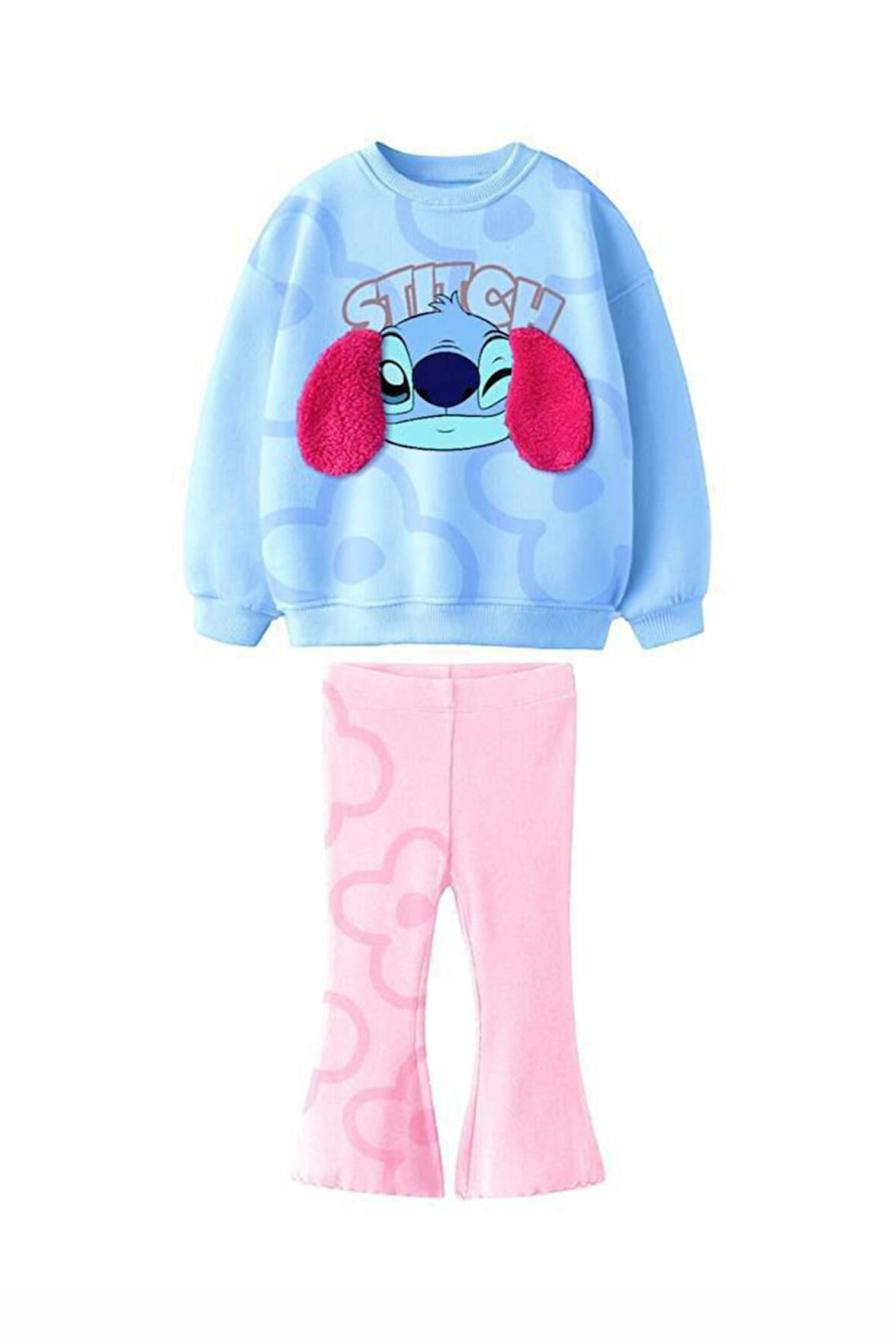 Miniğimin Cicileri Kulaklı Sttch Desenli Kız Çocuk 2 li Takım - Açık Mavi