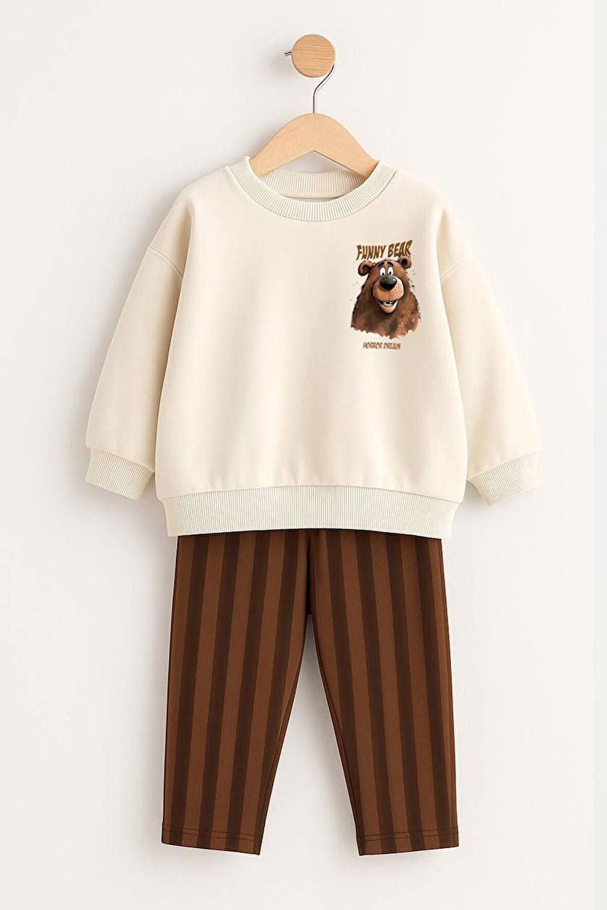Miniğimin Cicileri Funny Ayıcık Baskılı Çizgili Detaylı Erkek Çocuk Takım - Kahve