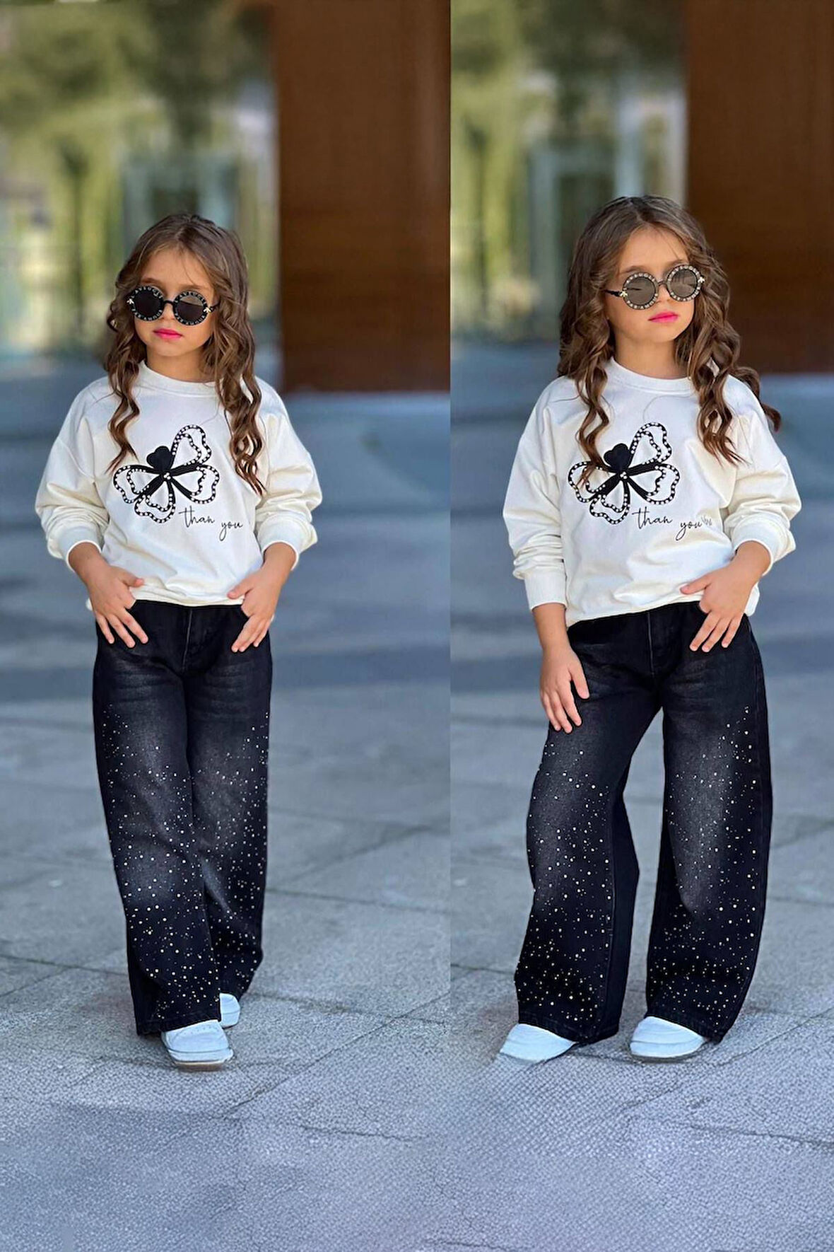 Miniğimin Cicileri Taşlı Kot Pantolonlu Kelebek Detaylı Kız Çocuk Takım - Siyah