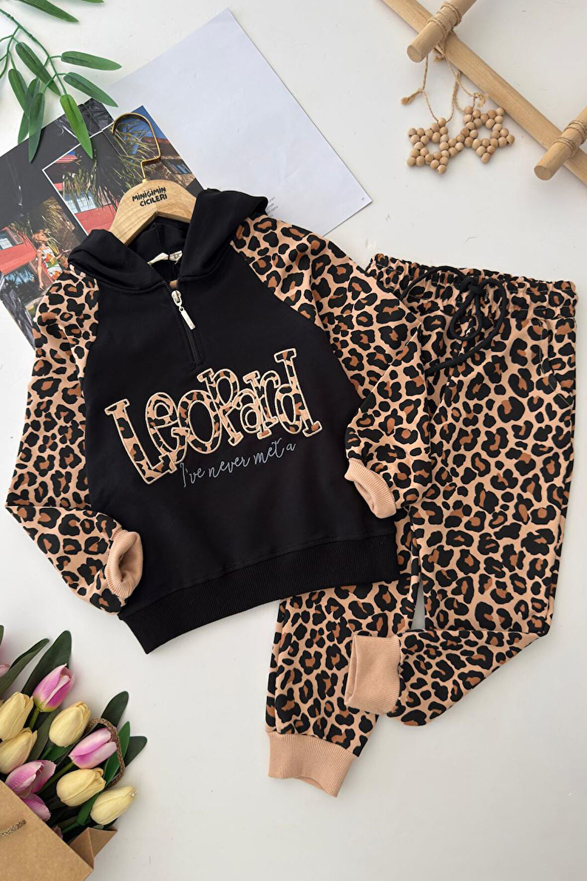 Miniğimin Cicileri Leopard Kapüşonlu Kız Çocuk Leopar Eşofman Takım - Siyah
