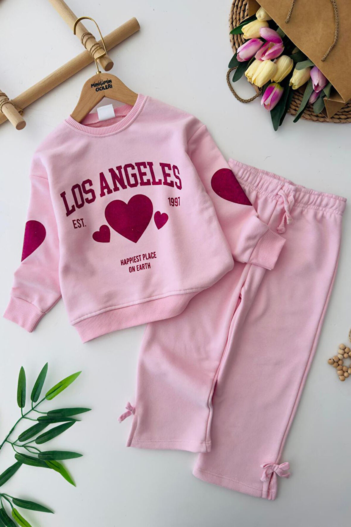 Miniğimin Cicileri Los Angeles Kalp Baskılı Renkli Kız Çocuk Takım - Pembe