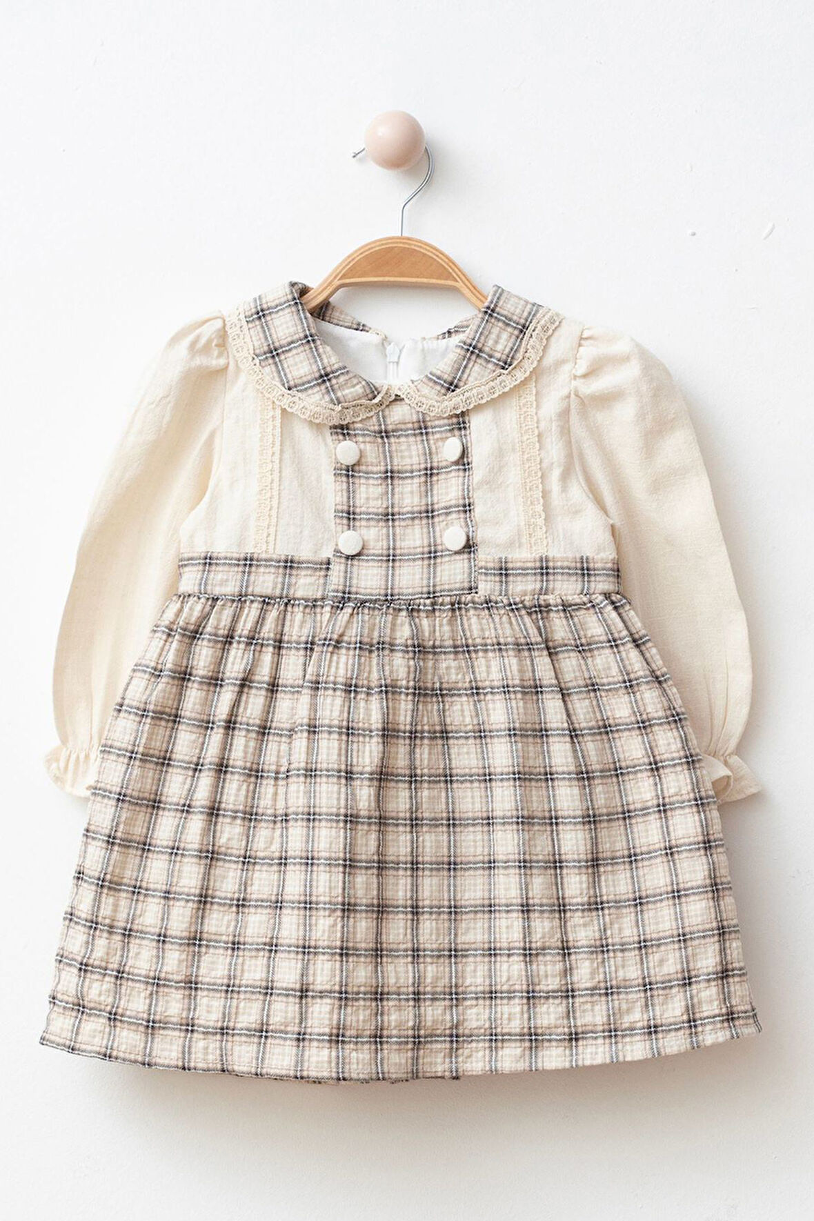 Miniğimin Cicileri Ekose Düğme Detaylı Kız Çocuk Pamuk Elbise - Siyah