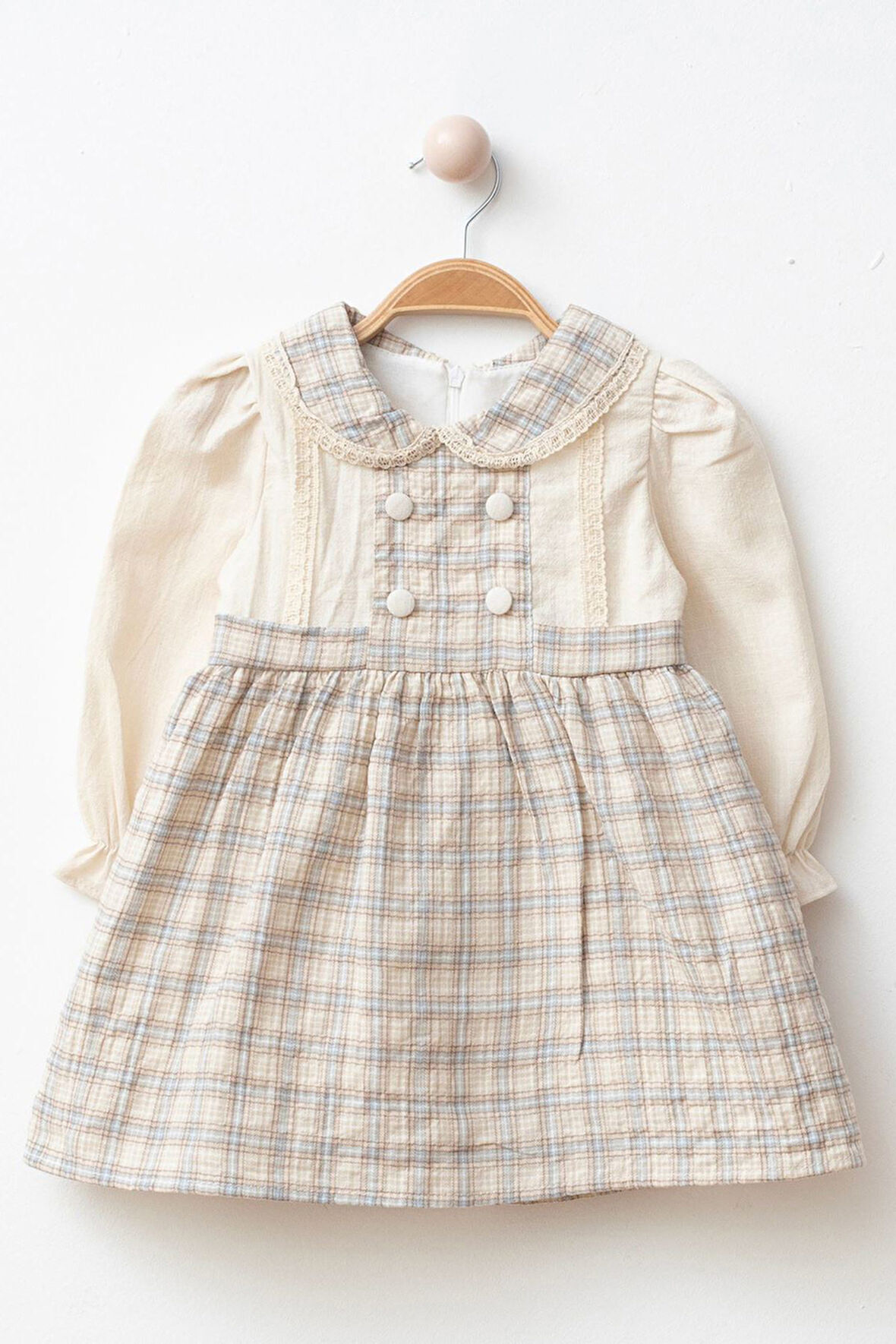 Miniğimin Cicileri Ekose Düğme Detaylı Kız Çocuk Pamuk Elbise - Mavi