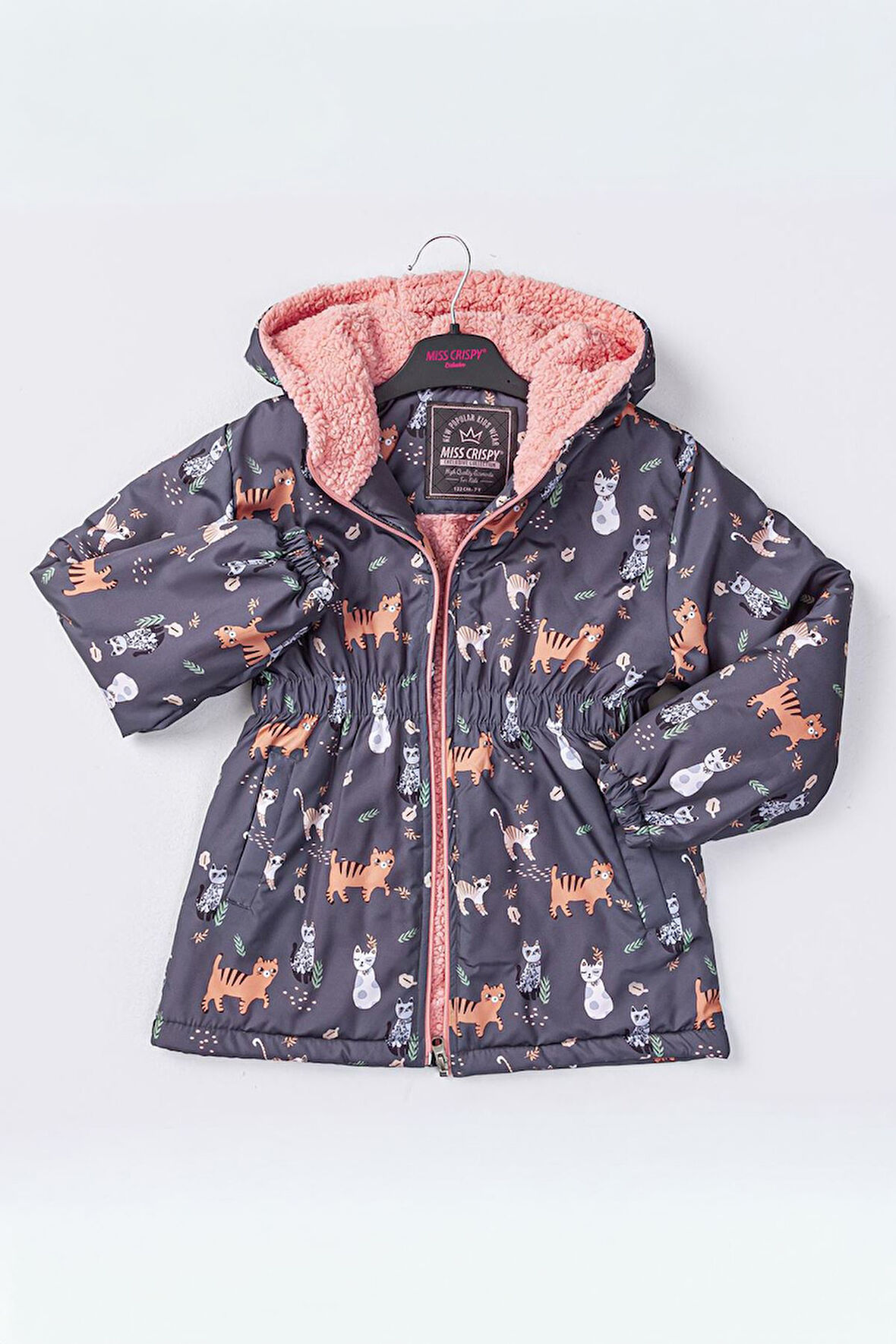 Miniğimin Cicileri Kedicik Karakter Baskılı Kız Çocuk İçi Welsoft Mevsimlik Mont - Antrasit