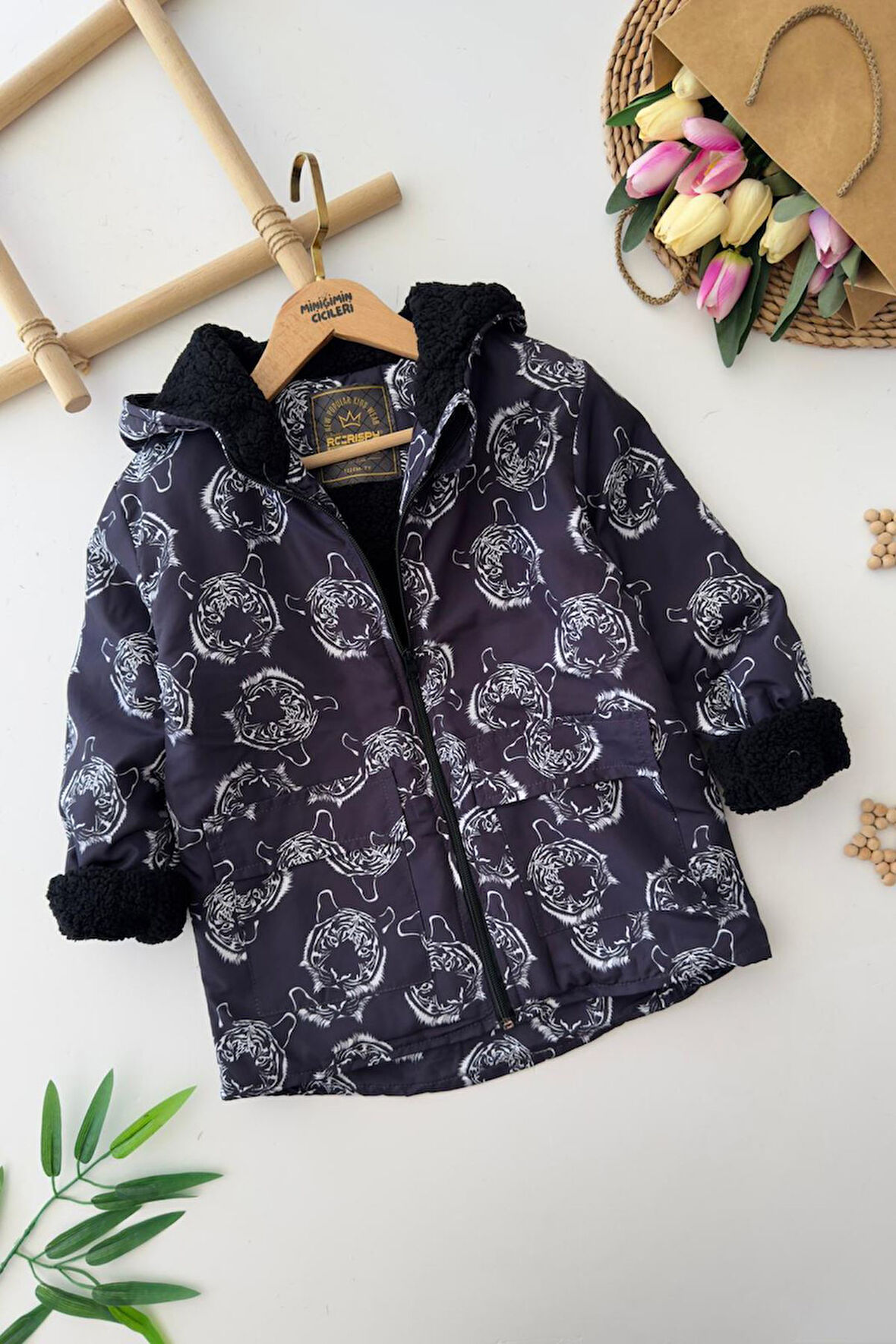 Miniğimin Cicilerin Kaplan Baskılı İçi Welsoft Erkek Çocuk Mevsimlik Mont - Siyah