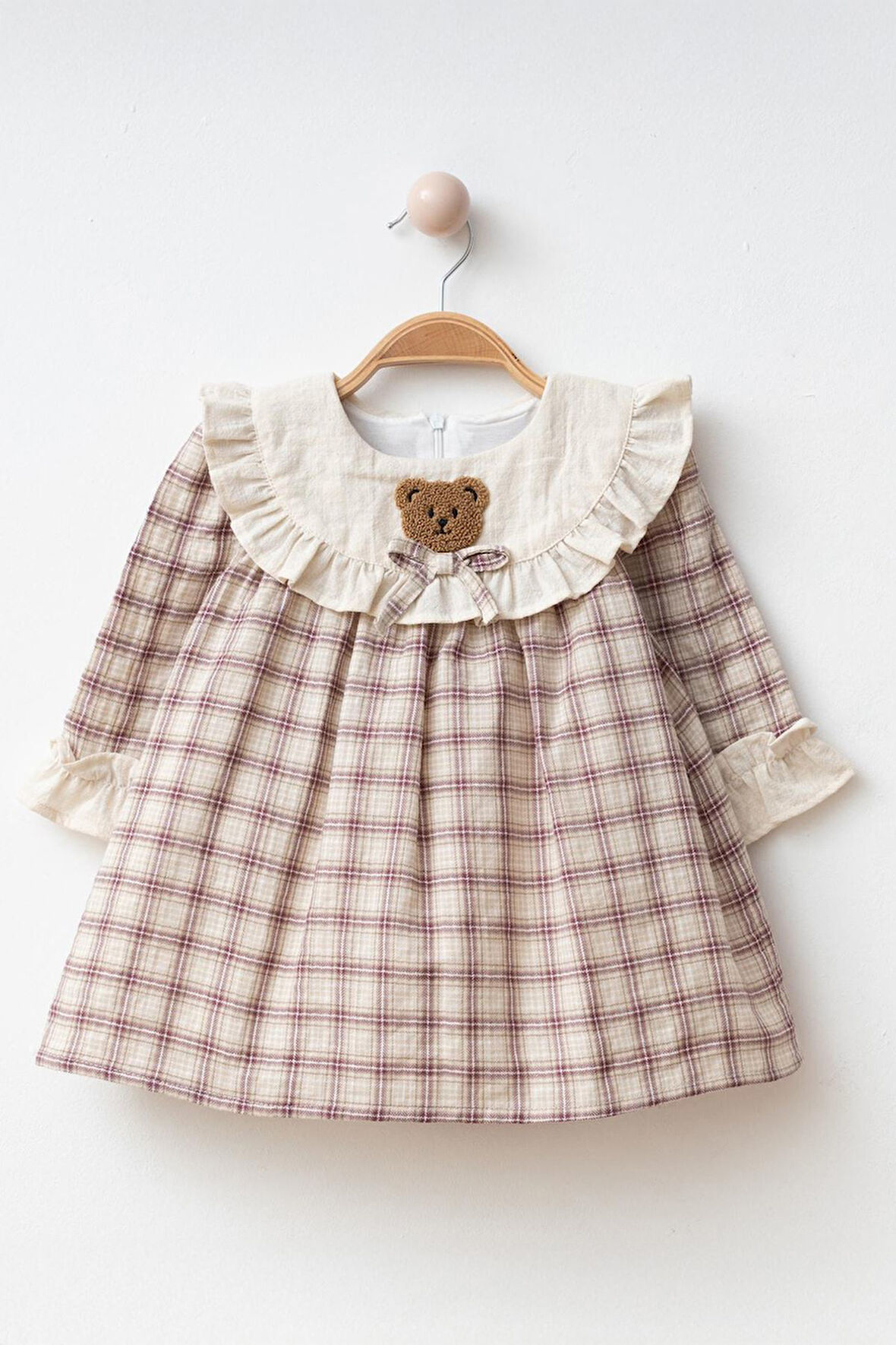 Miniğimin Cicileri Ayıcık Panç Detaylı Kız Çocuk Pamuk Elbise - Mor