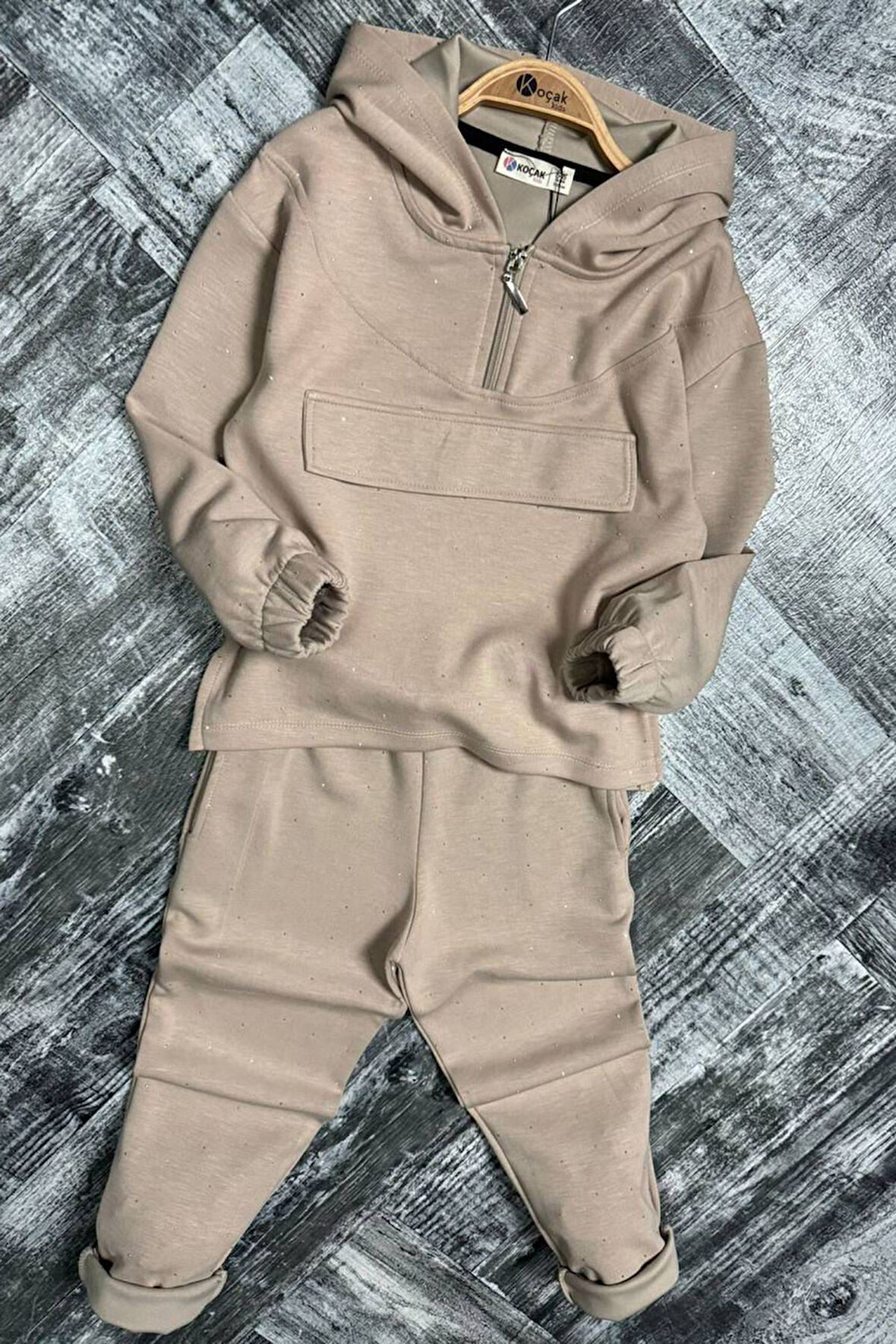 Miniğimin Cicileri Taş İşlemeli Kapüşonlu Kız Çocuk Takım - Krem