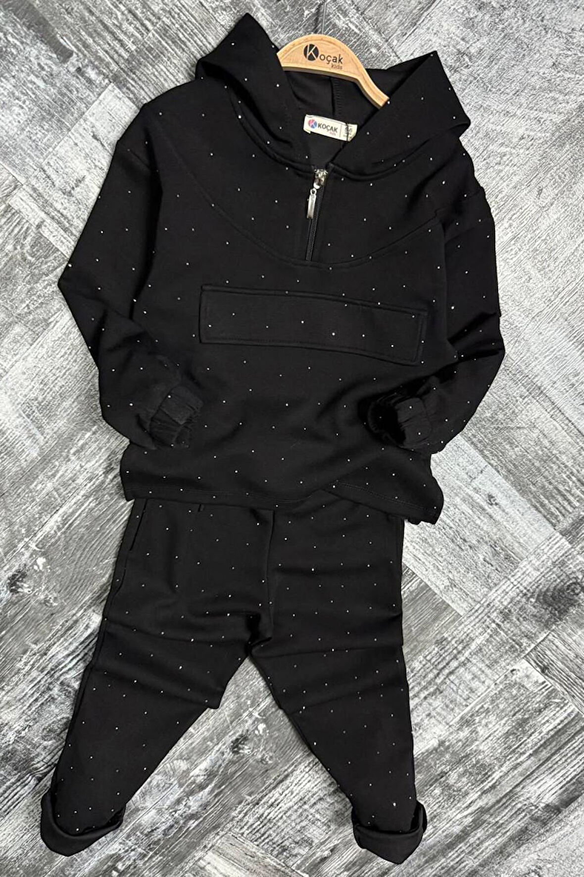 Miniğimin Cicileri Taş İşlemeli Kapüşonlu Kız Çocuk Takım - Siyah
