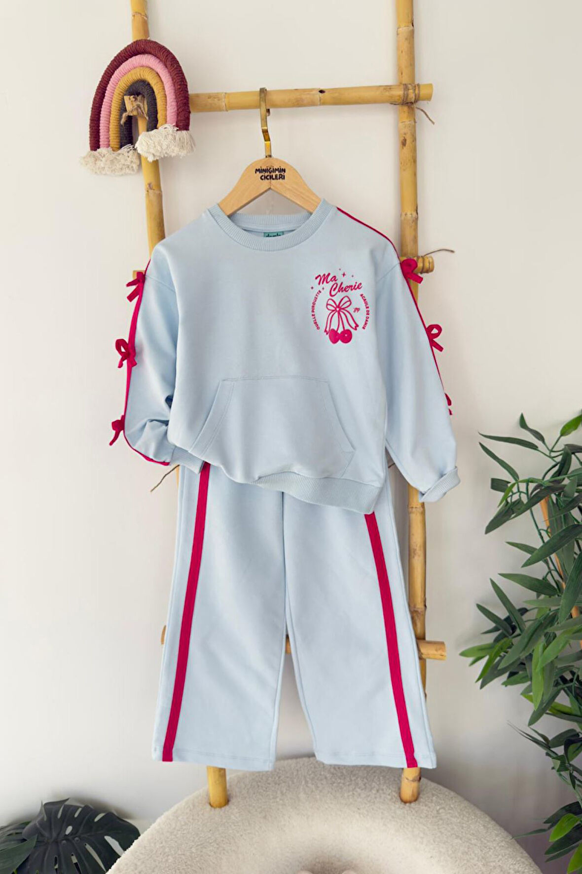 Miniğimin Cicileri Kiraz Baskılı Fiyonk Detaylı Kız Çocuk Takım - Mavi