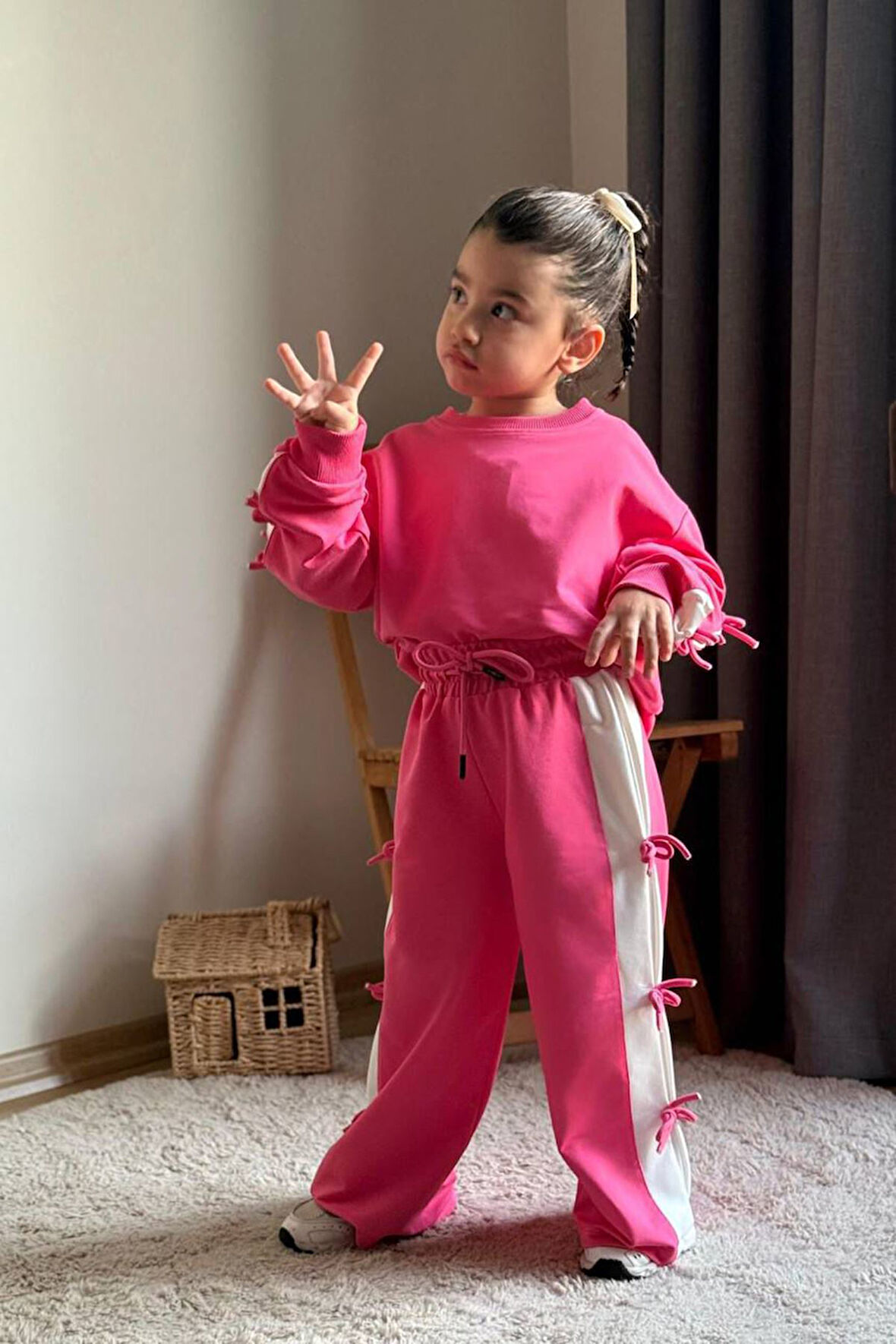 Miniğimin Cicileri Fiyonk Detaylı Şeritli Kız Çocuk Takım - Fuşya