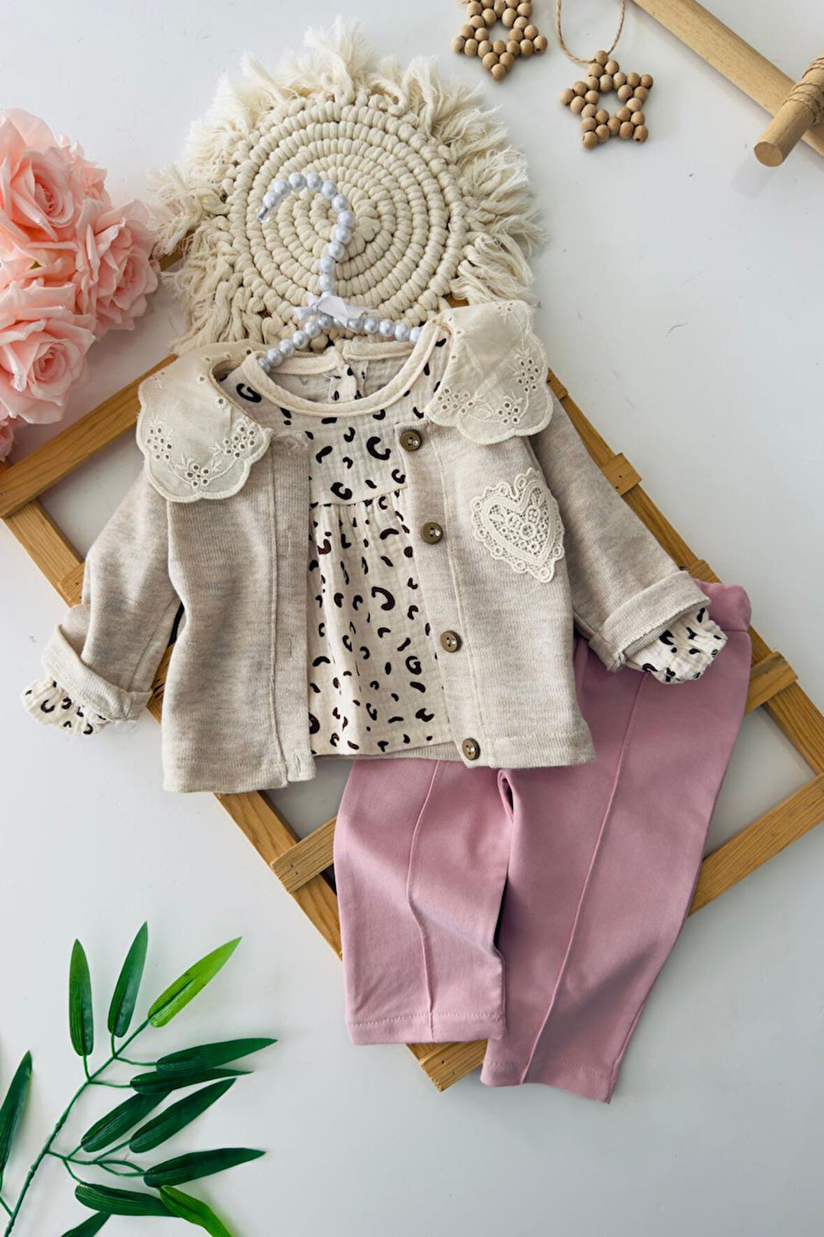 Miniğimin Cicileri Müslin Leopar Detaylı Gömlekli Kız Bebe 3 lü Takım - Gül Kurusu
