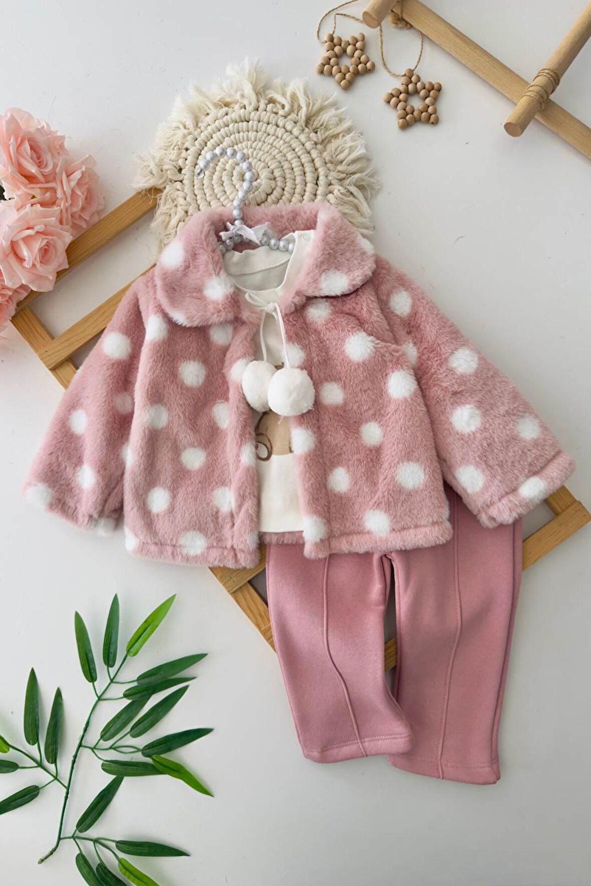 Miniğimin Cicileri Puantiye Desenli Kürklü Kız Bebe  3 lü Takım - Gül Kurusu