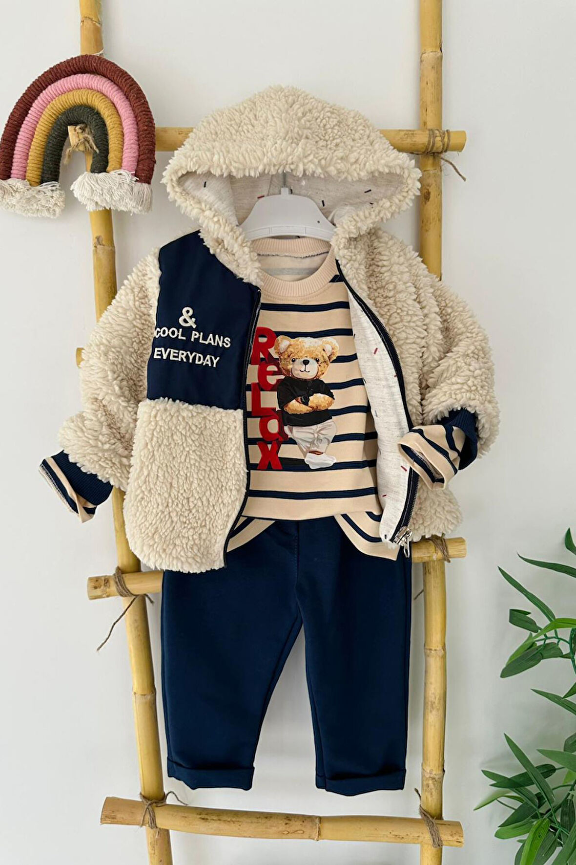 Miniğimin Cicileri Relax Ayıcık Baskılı Kuzu Montlu Erkek Bebe 3 lü Takım - Lacivert