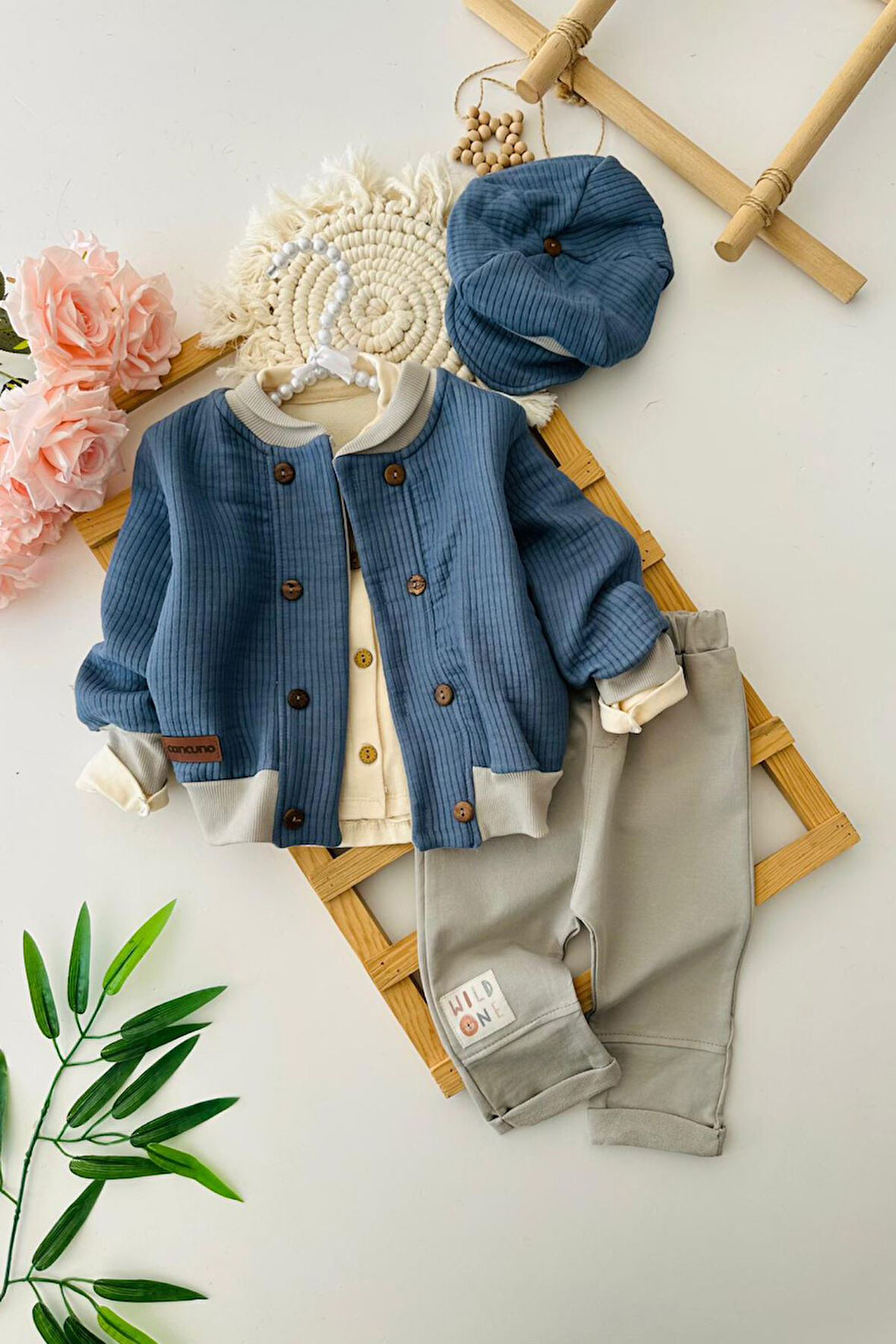 Miniğimin Cicileri Wild One Erkek Bebek 3’lü Pamuklu Ceketli Takım - Mavi