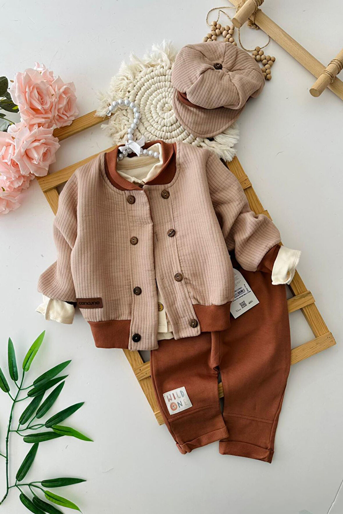 Miniğimin Cicileri Wild One Erkek Bebek 3’lü Pamuklu Ceketli Takım - Kahve