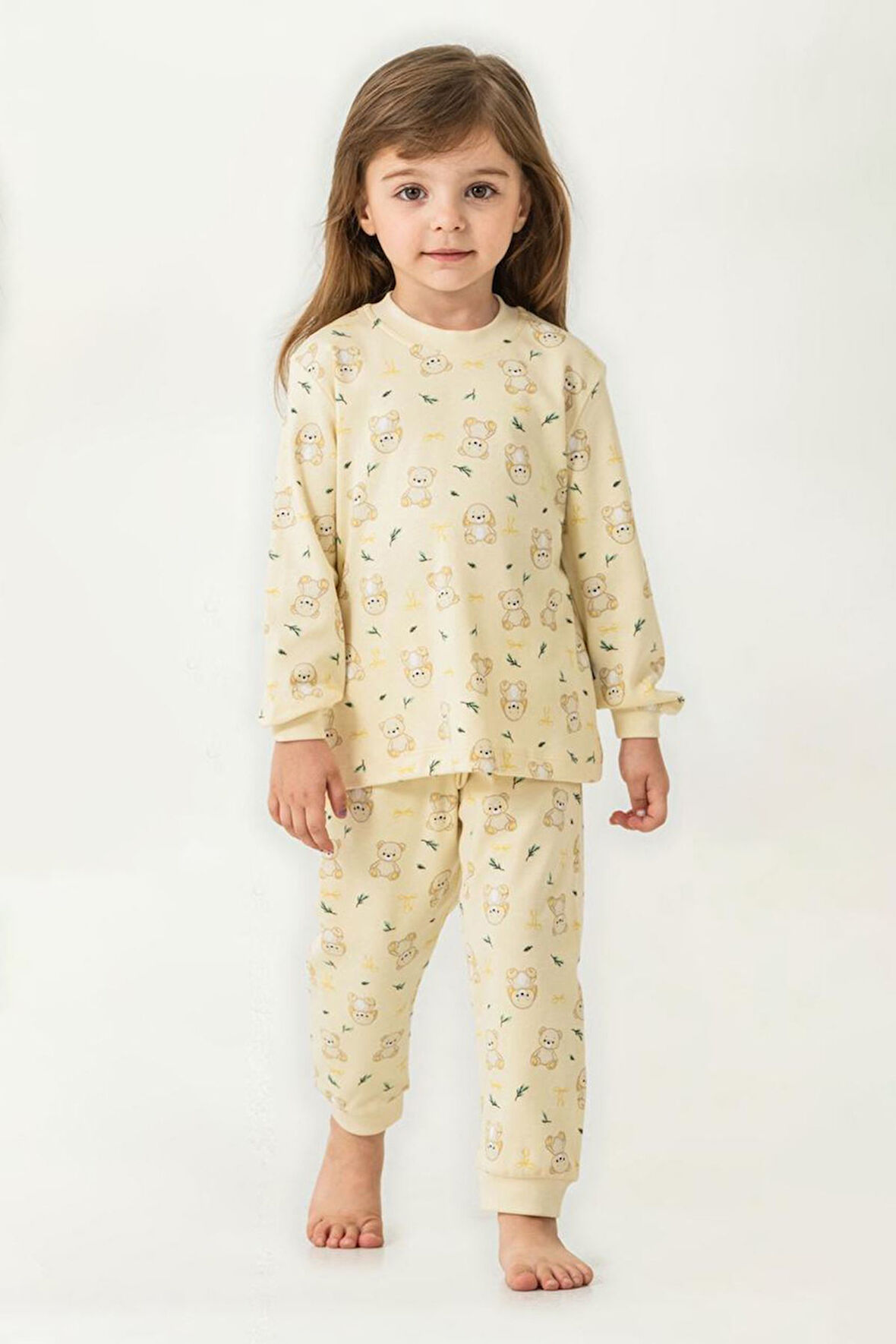 Miniğimin Cicileri Ayıcık Baskılı Sıfır Yaka Pamuklu Kız Çocuk Pijama Takımı - Sarı