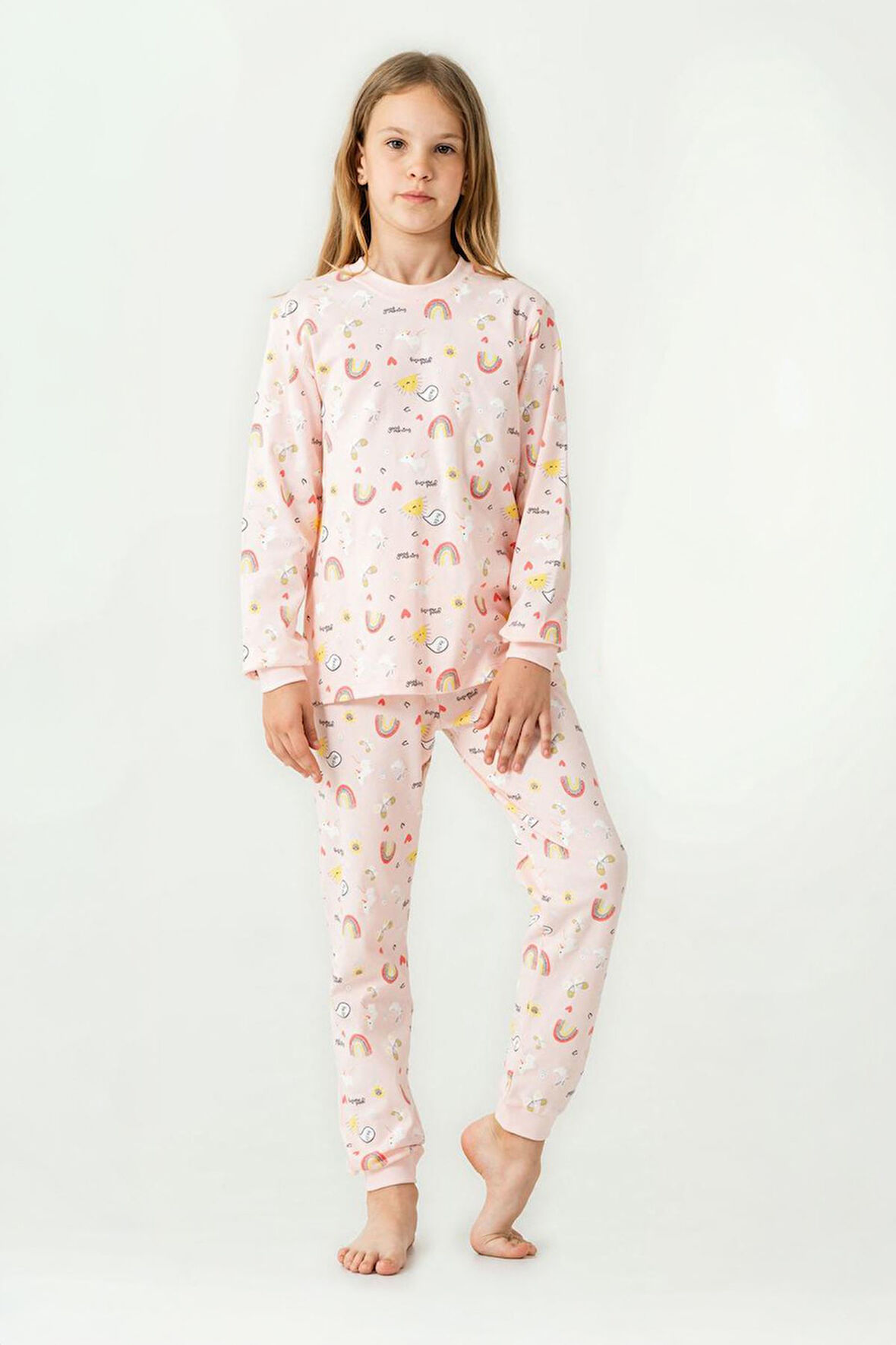 Miniğimin Cicileri Gökkuşağı Baskılı Sıfır Yaka Pamuklu Kız Çocuk Pijama Takımı - Somon