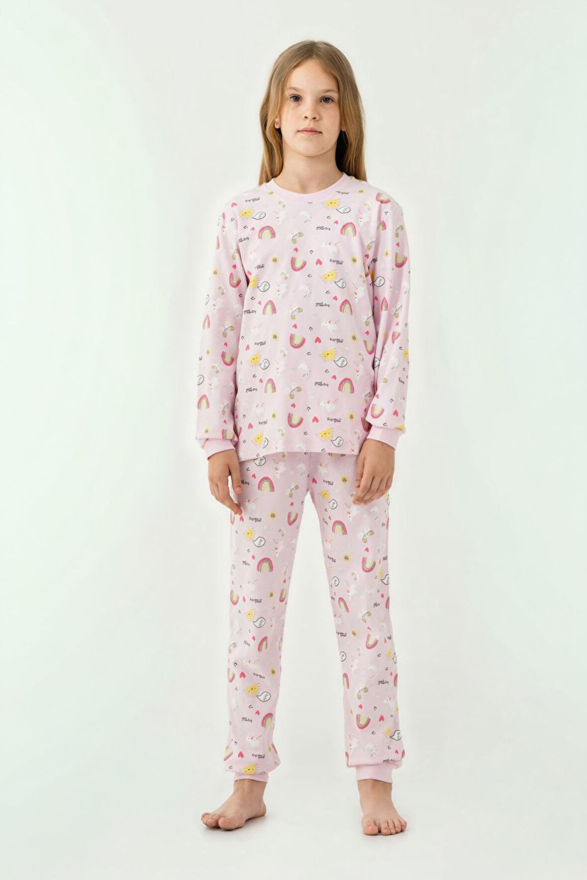 Miniğimin Cicileri Gökkuşağı Baskılı Sıfır Yaka Pamuklu Kız Çocuk Pijama Takımı - Pembe