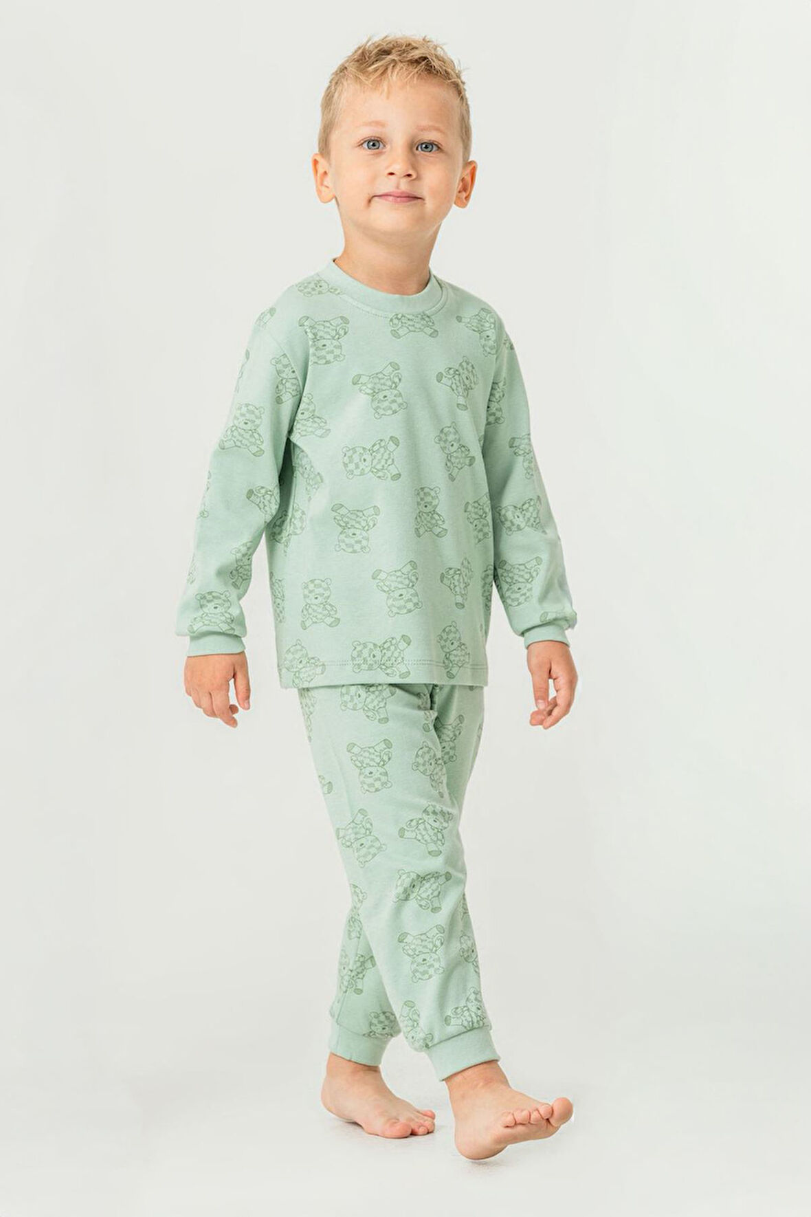 Miniğimin Cicileri Ayıcıl Baskılı Sıfır Yaka Pamuklu Erkek Çocuk Pijama Takımı - Yeşil