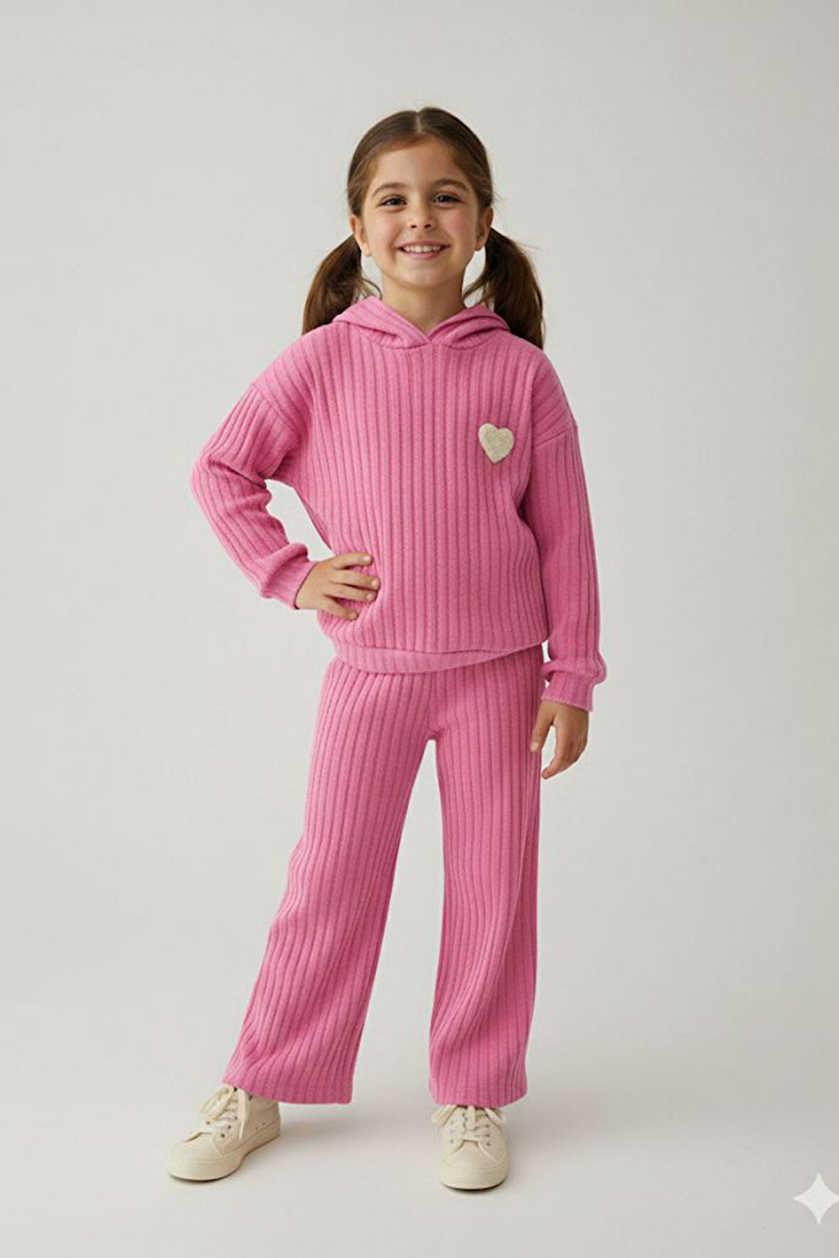 Miniğimin Cicileri Kalp Panç İşlemeli Fitilli Kız Çocuk Mevsimlik Takım - Pembe
