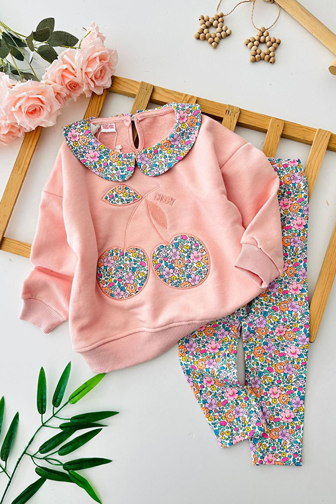 Miniğimin Cicileri Kiraz Çiçeği Desenli Kız Çocuk Taytlı Takım - Somon