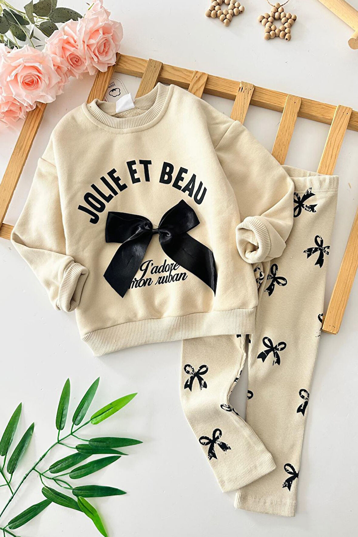 Miniğimin Cicileri Kurdela Fiyonk Detaylı Kız Çocuk Taytlı Takım - Bej