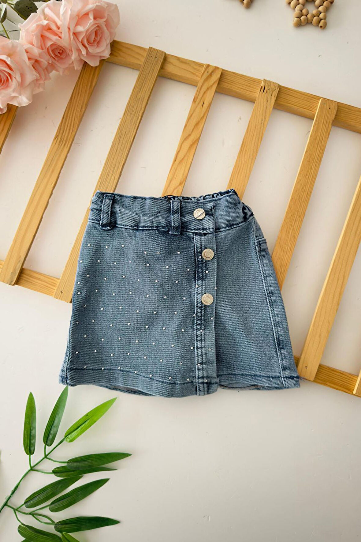 Miniğimin Cicileri Taşlı Kot Kız Çocuk Şort Etek - Mavi