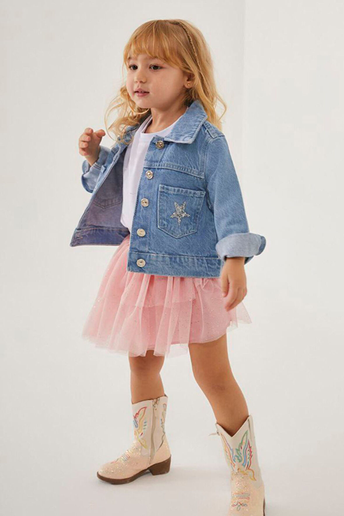 Miniğimin Cicileri Simli Yıldız Detaylı Kot Ceketli Tütü Etekli Kız Çocuk Takım  - Pudra