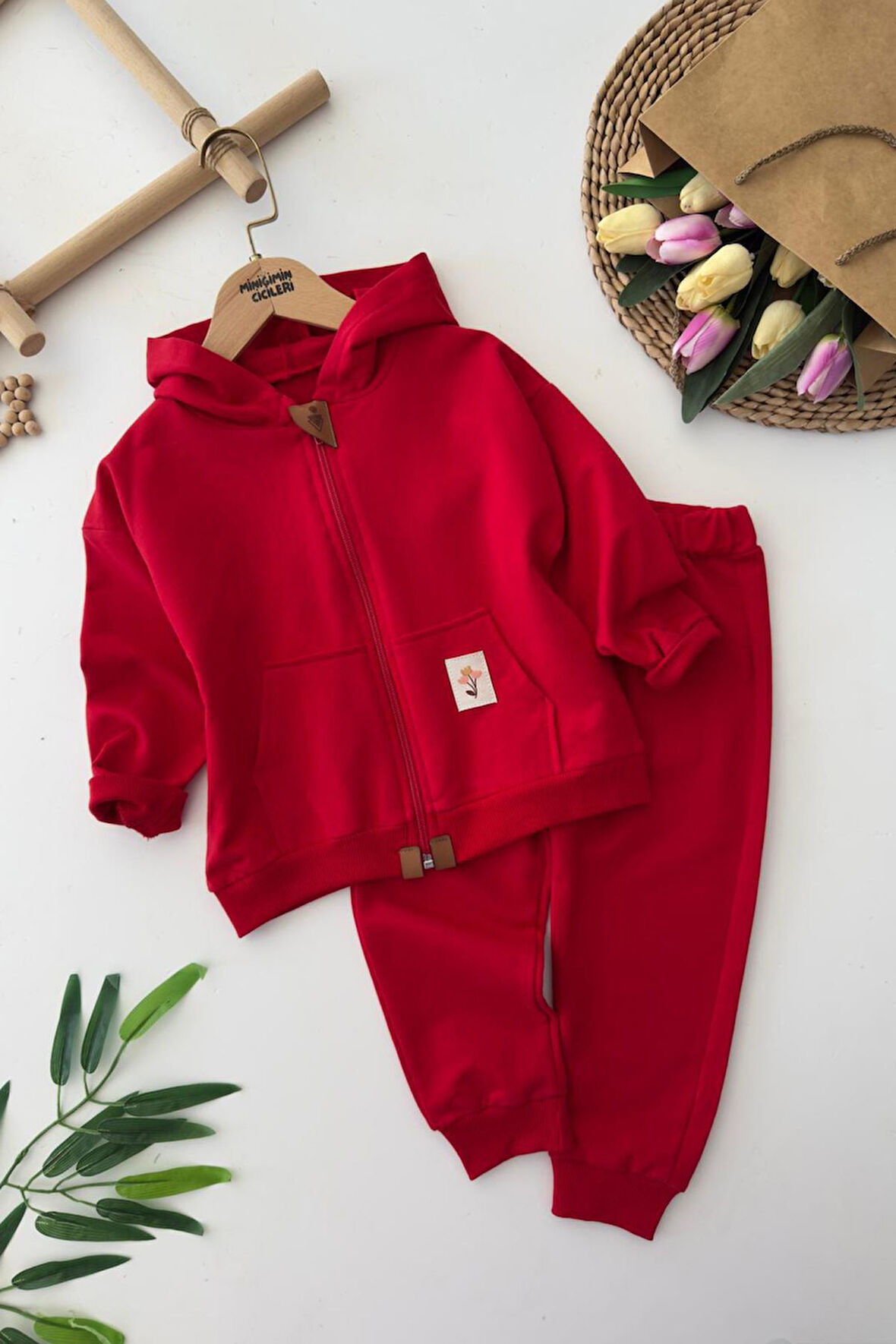 Miniğimin Cicileri Basic Kapüşonlu Kız Çocuk Çiçek Detaylı 2 li Mevsimlik Takım - Kırmızı