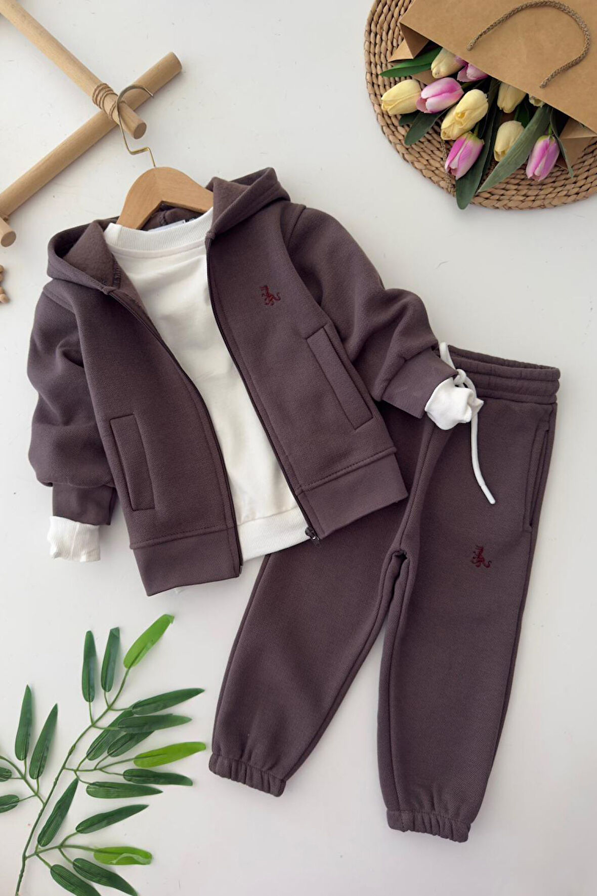 Miniğimin Cicileri Kapüşonlu  Fermuarlı 2’li Unisex  Çocuk Kışlık Eşofman Takımı - Kahve