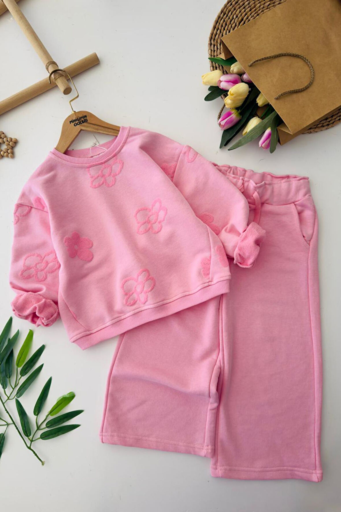 Miniğimin Cicileri Simli Papatya Detaylı Kız Çocuk Oversize 2 li Takım - Pembe