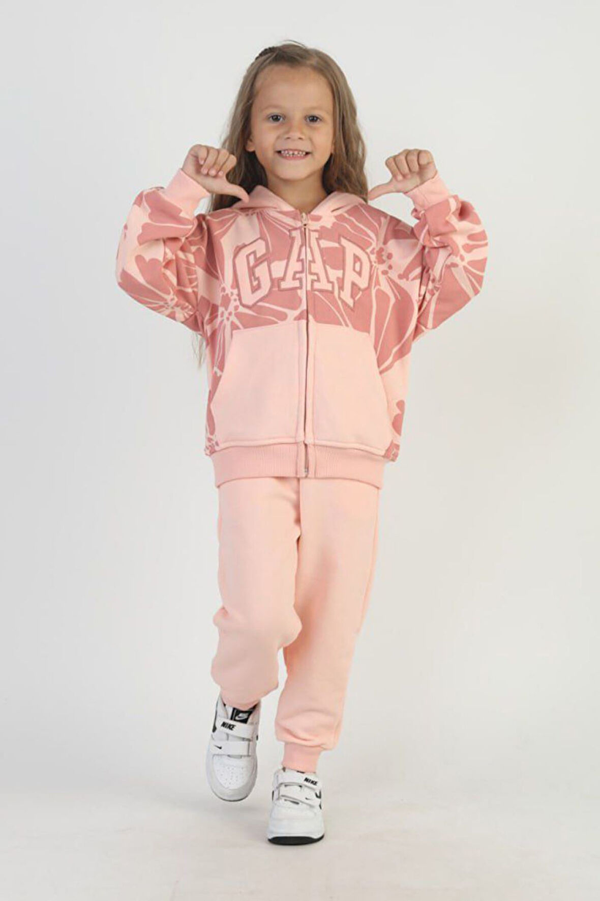 Miniğimin Cicileri Çiçek Desenli Kapüşonlu 2’li Eşofman Takımı - Somon