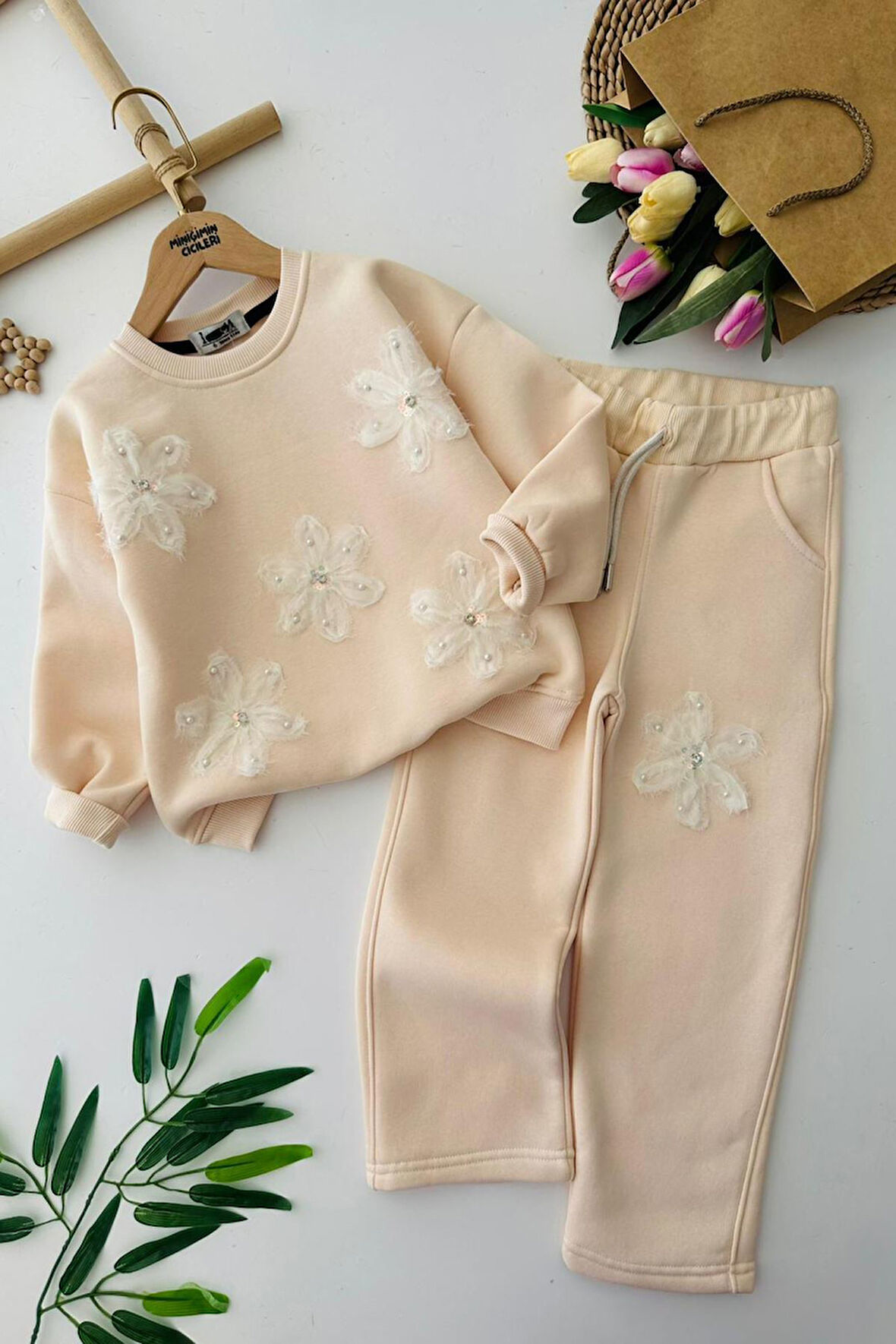 Miniğimin Cicileri Zambak Tül Detaylı Kışlık Kız Çocuk 2 li Takım - Krem