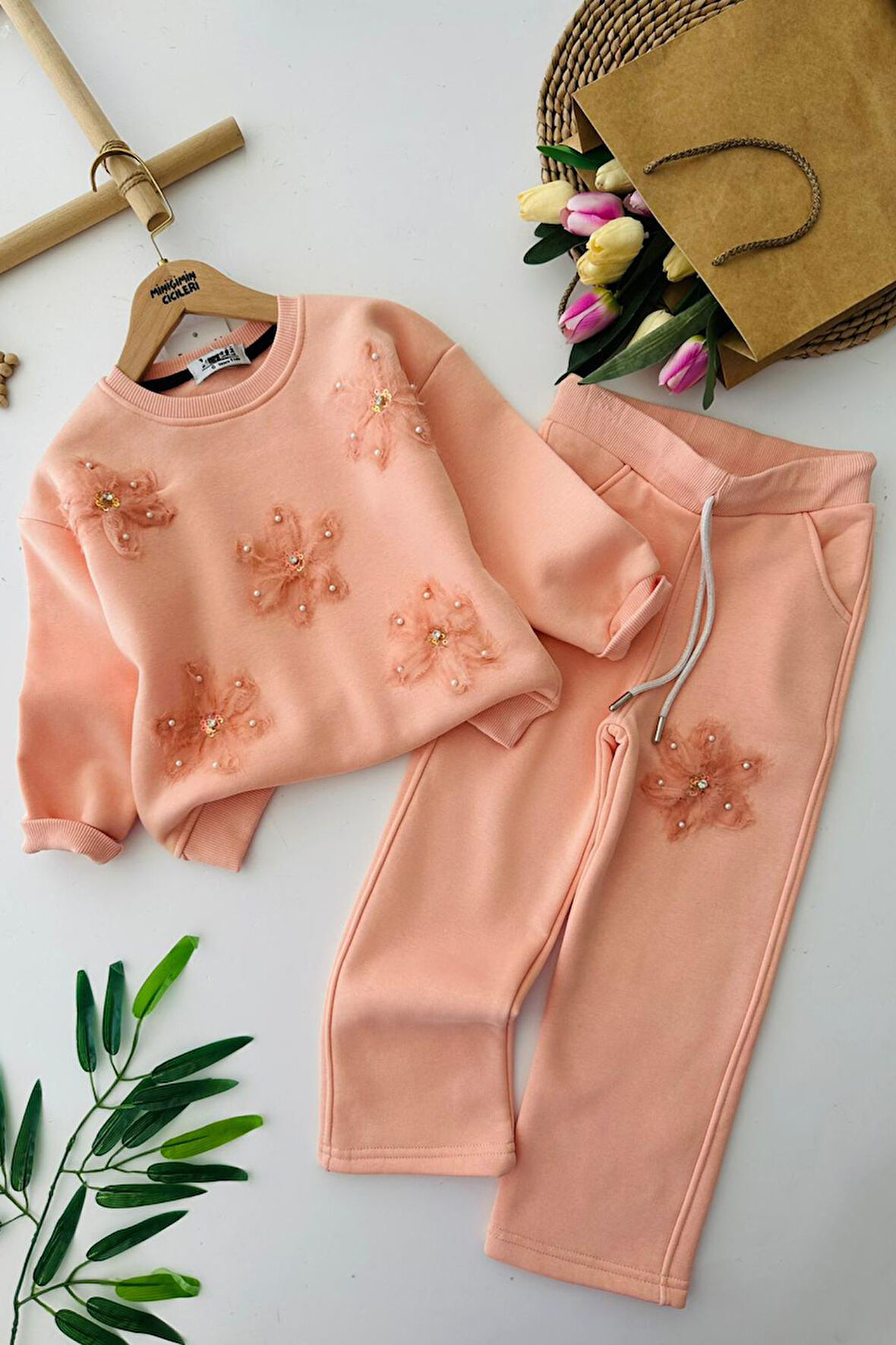 Miniğimin Cicileri Zambak Tül Detaylı Kışlık Kız Çocuk 2 li Takım - Somon