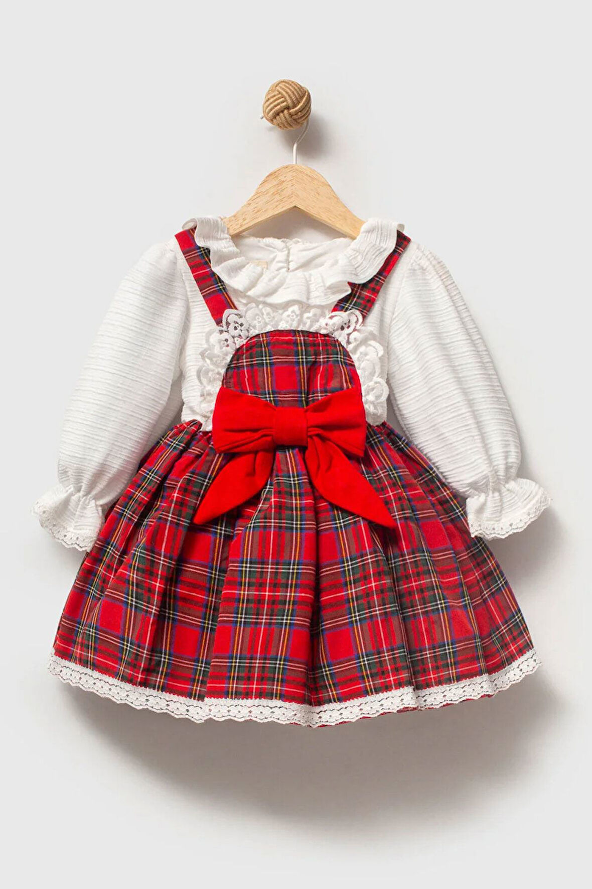 Miniğimin Cicileri Kareli Fiyonk Detaylı Kız Çocuk Elbise – Uzun Kollu Gömlekli 2’li Takım