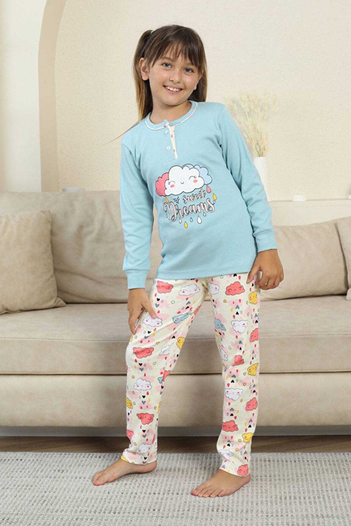 Miniğimin Cicileri Bulut Baskılı Düğmeli Kız Çocuk Pijama Takımı - Mavi