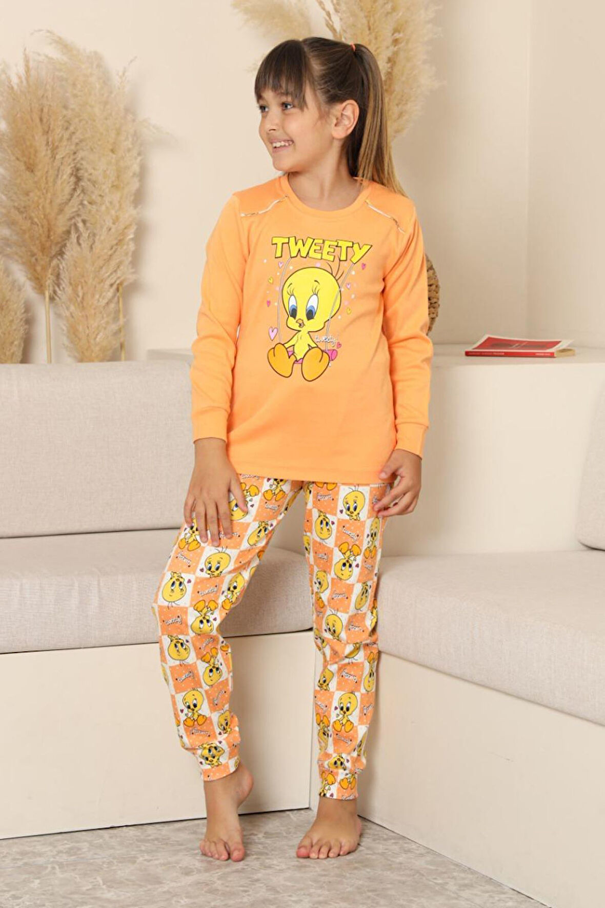 Miniğimin Cicileri Sevimli Civciv Baskılı Kız Çocuk Pijama Takımı - Turuncu