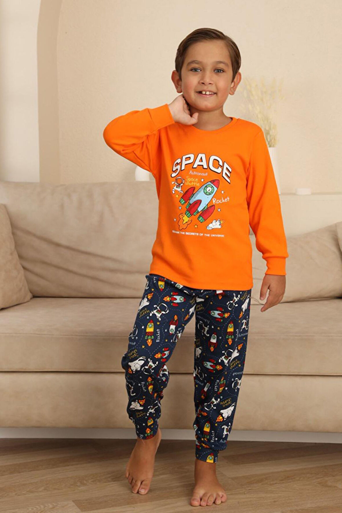 Miniğimin Cicileri Space Baskılı Erkek Çocuk Pijama Takımı - Turuncu
