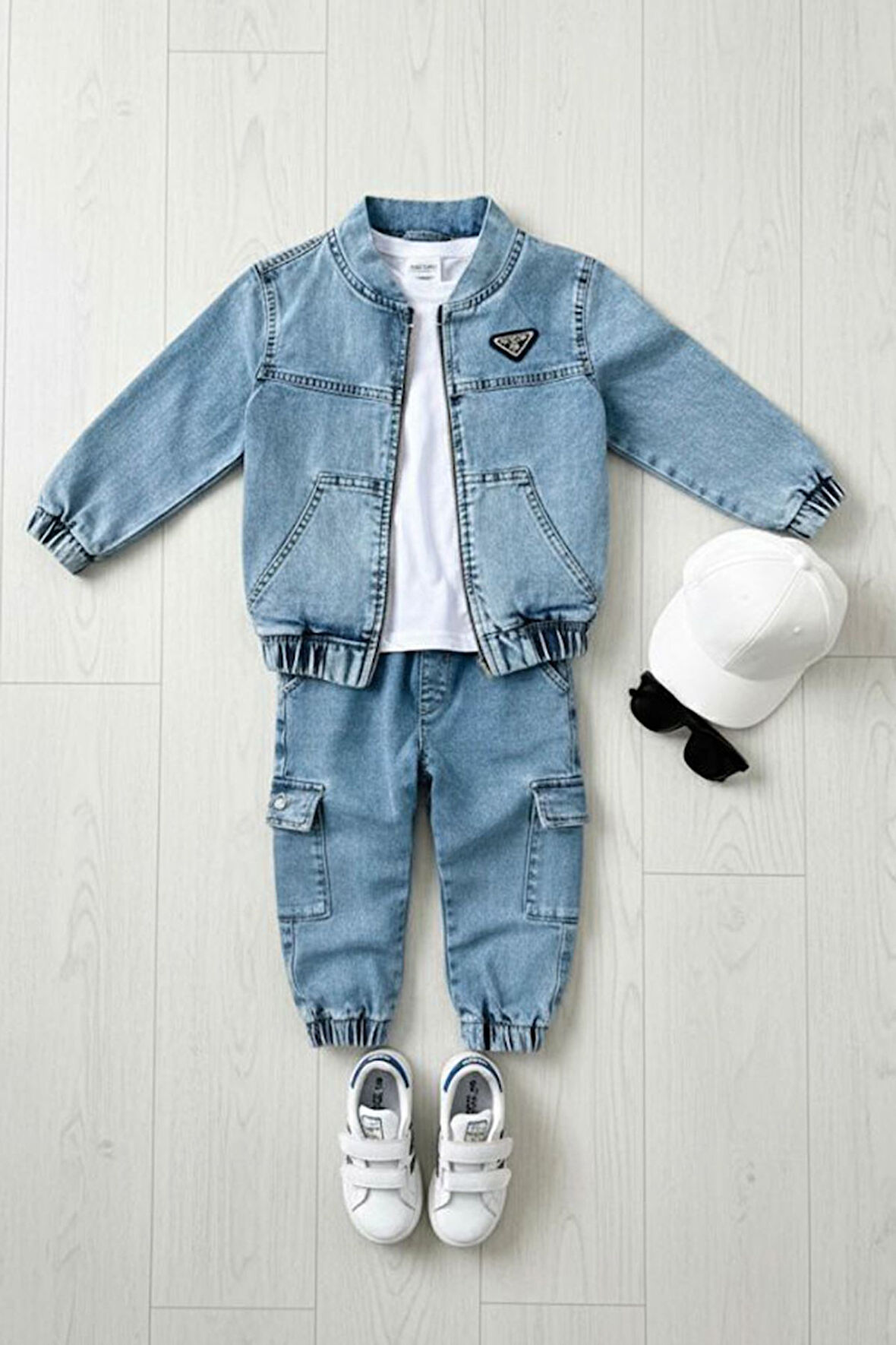 Miniğimin Cicileri Kot Ceketli Kargo Cepli Erkek Çocuk 3 lü Takım - Mavi