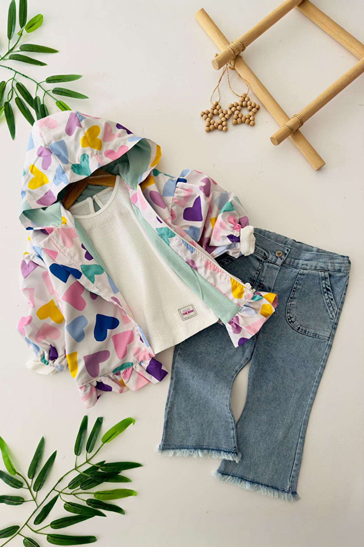 Miniğimin Cicileri Kalp Desenli Yağmurluklu Kız Çocuk 3 Lü Takım - Somon