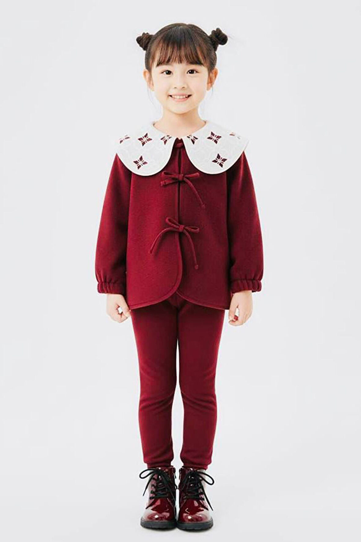 Miniğimin Cicileri Fiyonklu Geniş Yaka Polar Kız Çocuk Kışlık 2’li Takım - Bordo
